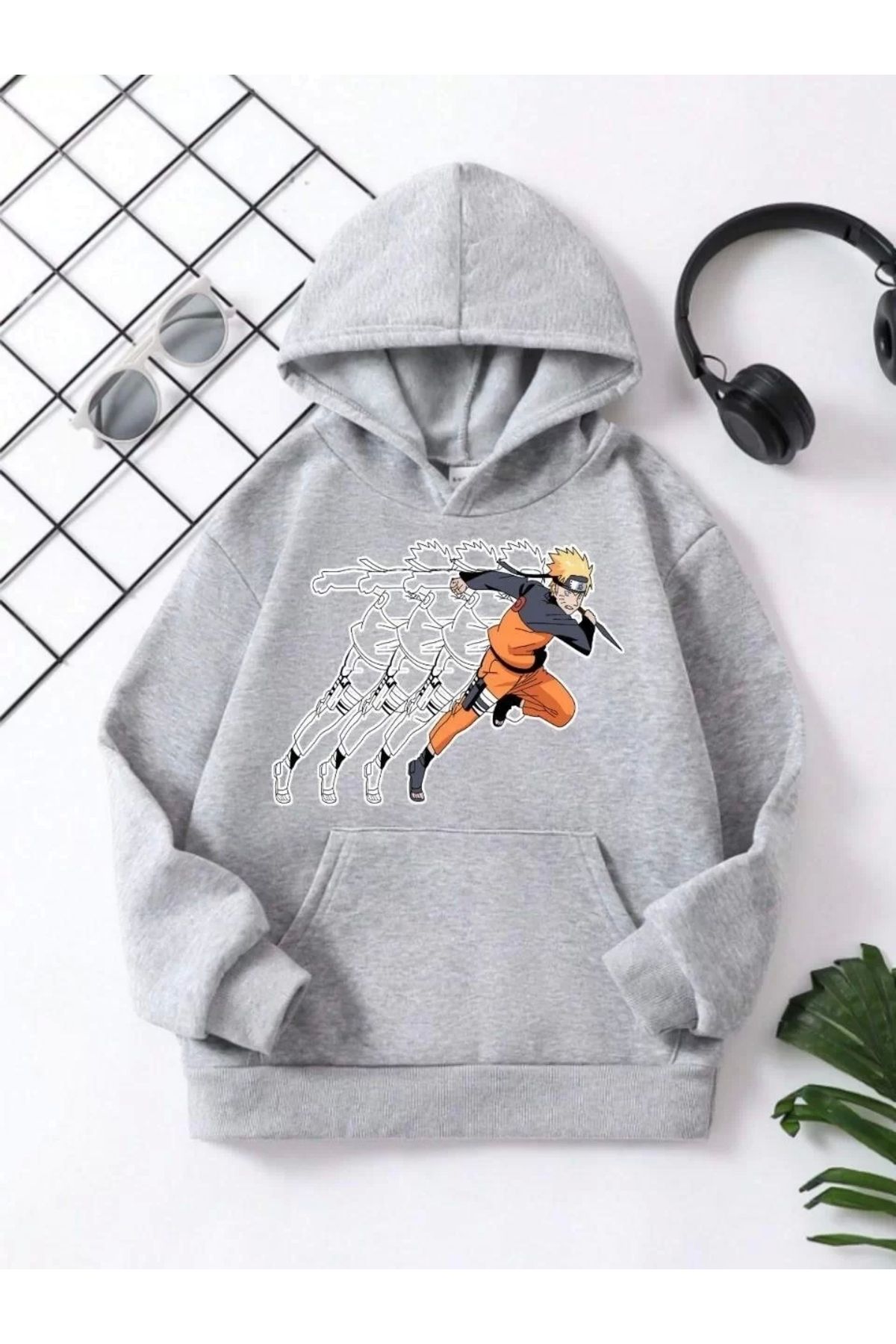 MODA CS Çocuk Unisex Kapüşonlu Naruto Baskılı Pamuklu Sweatshirt - Gri