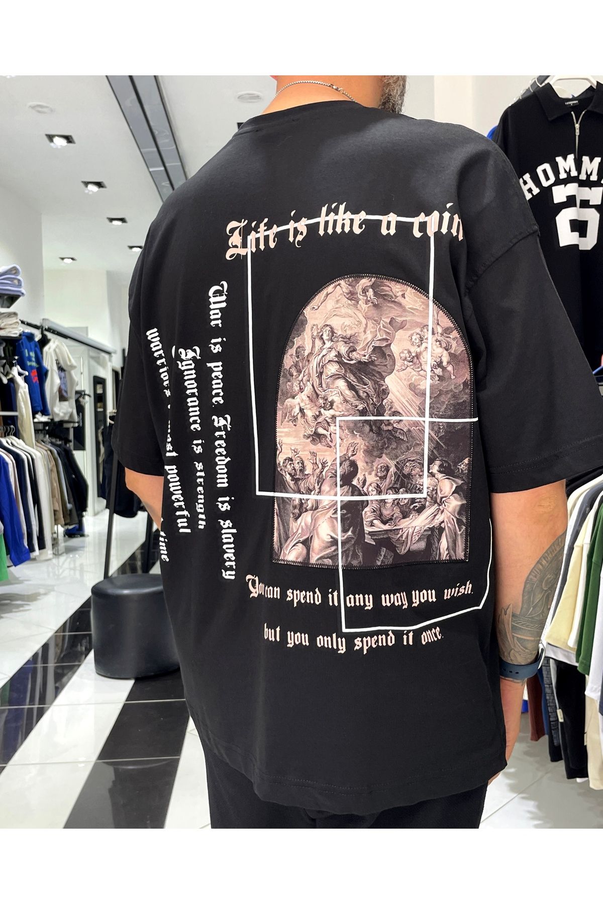 Higo Man Erkek Sırtı Antik Kumaş Baskı Oversize T-Shirt