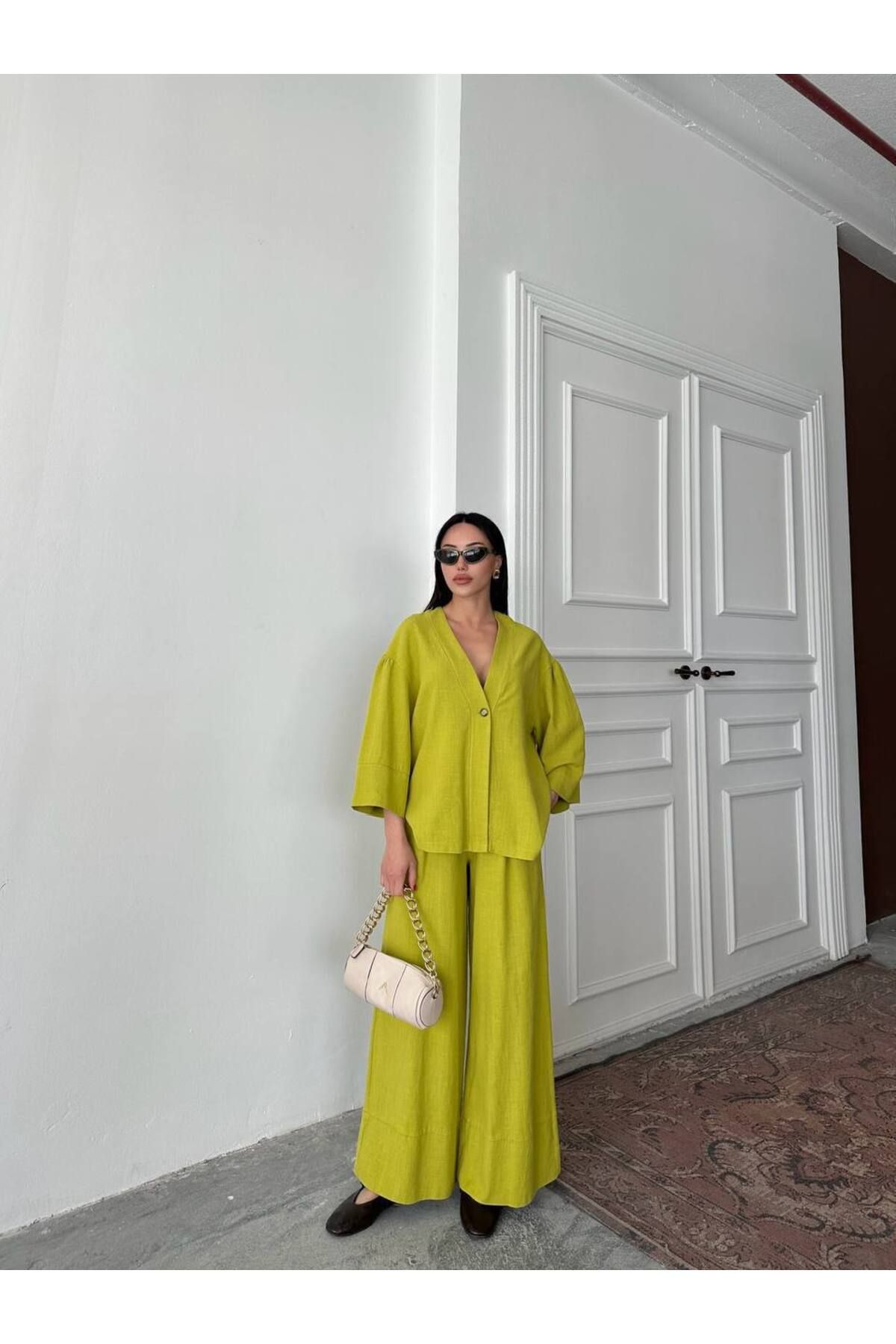 Hotfashion Tek Düğmeli Oversize Kimono Pantolon Takım