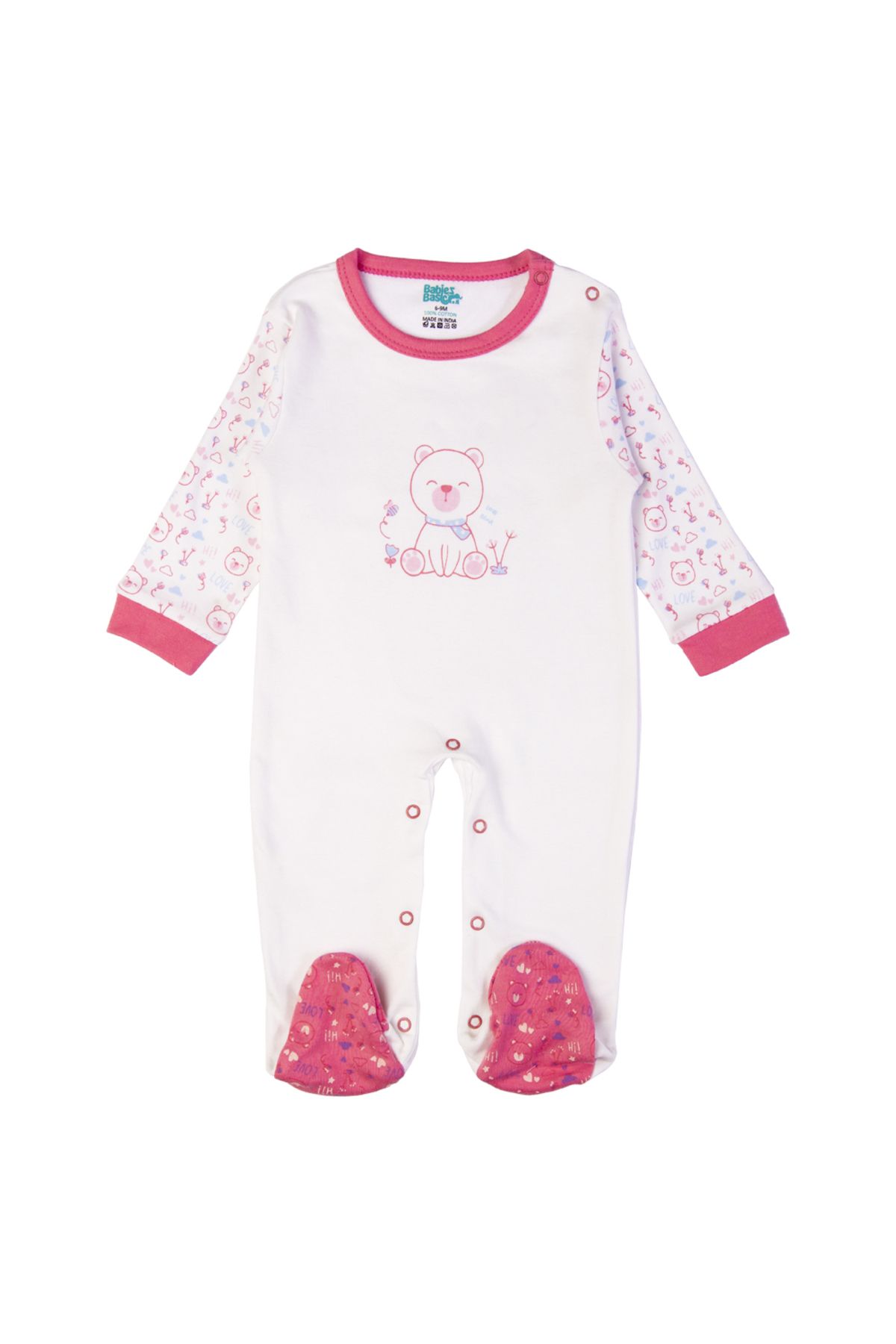 Babies Basic-5 piece New Born Set include Bib, Romper, Mittens, Cap, Sleepsuit- Teddy, Red 4
