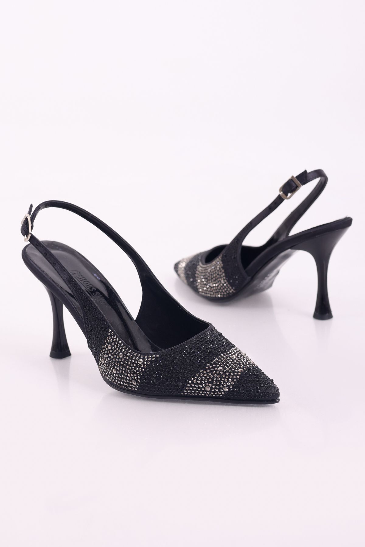 SHOESSHOPS Çift Renk Şerit Taşlı Abiye Şık Kadın Topuklu Ayakkabı