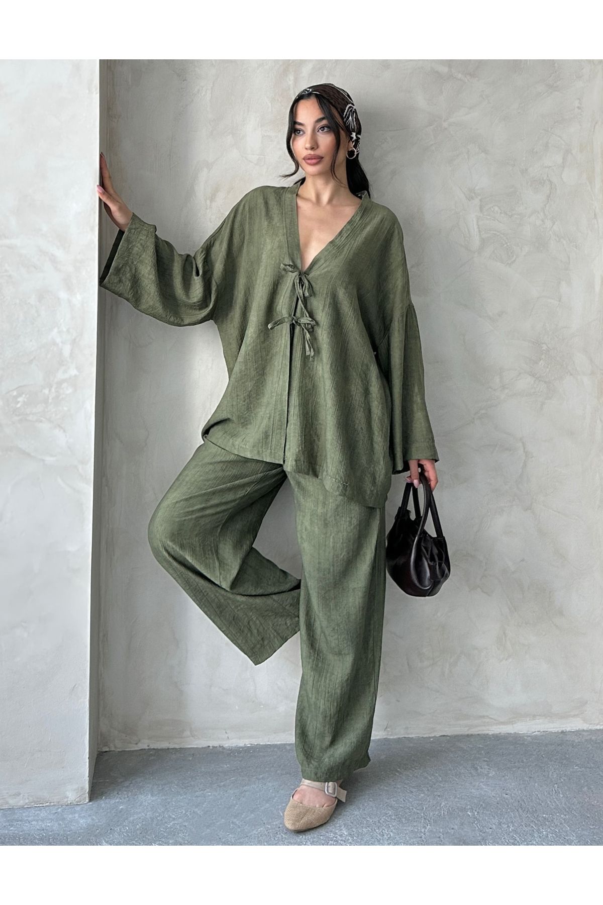 MD trend Kadın Bağcıklı Kimono - Pantolon Takım