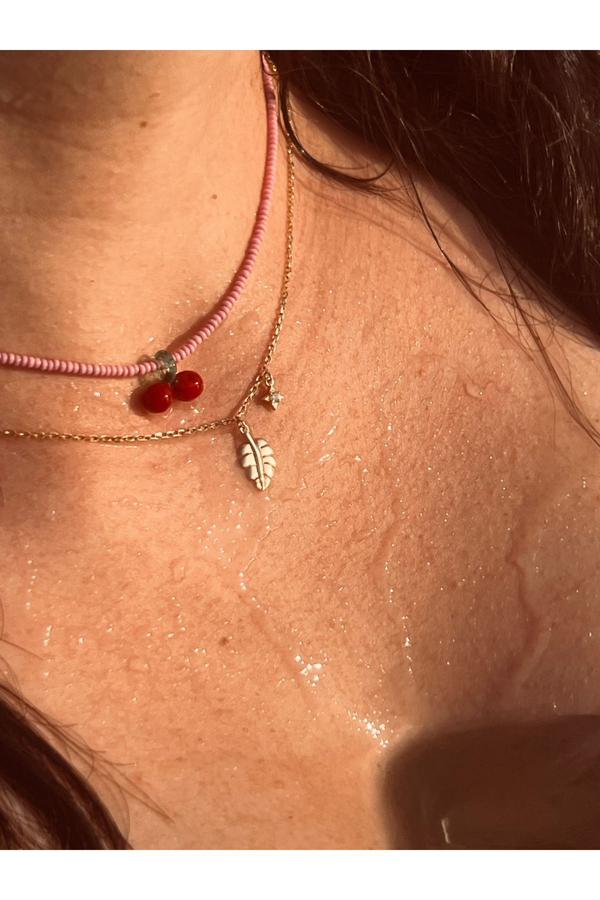 The Leia Kiraz Murano Cam Minimal Pembe Boncuklu Kolye
