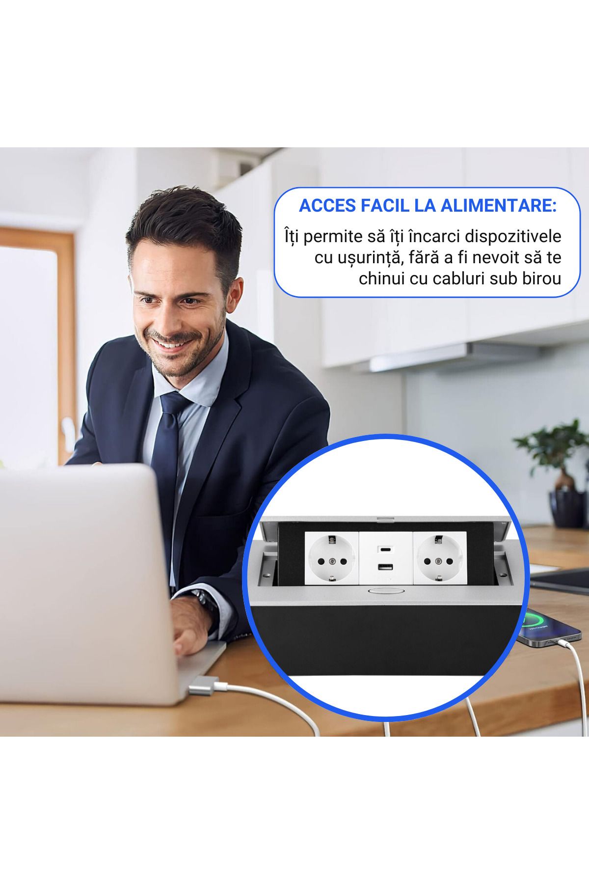 ATOMKIT-Ain Countertop Built-in Socket, 2 EU Inputs, USB-A and USB-C, 2.1a, Lift Button, Silver 6