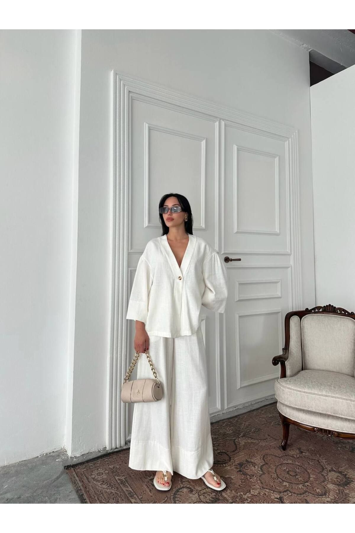 Hotfashion Tek Düğmeli Oversize Kimono Pantolon Takım