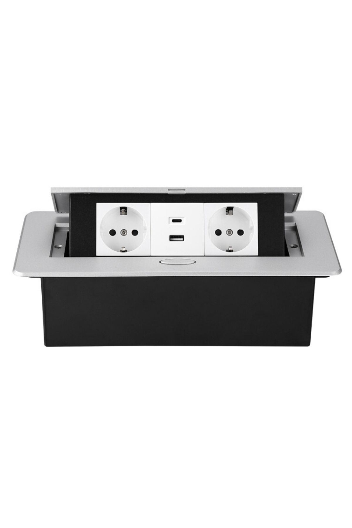 ATOMKIT-Ain Countertop Built-in Socket, 2 EU Inputs, USB-A and USB-C, 2.1a, Lift Button, Silver 1