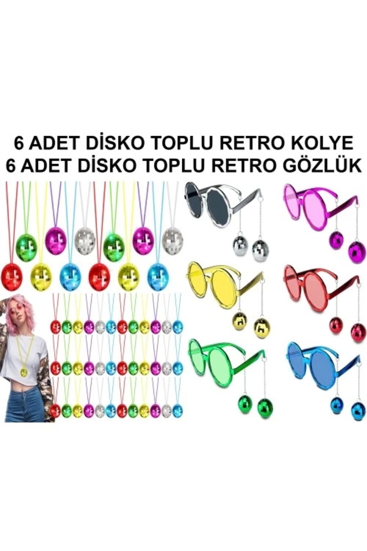 Moon 12 Parça Renkli Disko Toplu Retro Parti Seti – 6 Kolye + 6 Gözlük