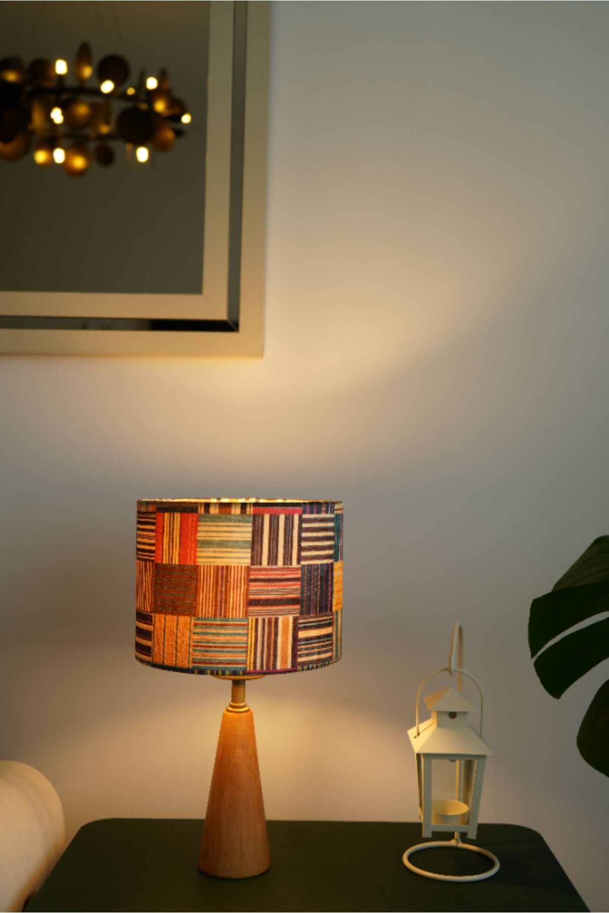 retro home design Üçgen Ahşap Model Silindir Baskı Renkli Çizgili Kumaş Şapka Abajur Salon Yatak Odası