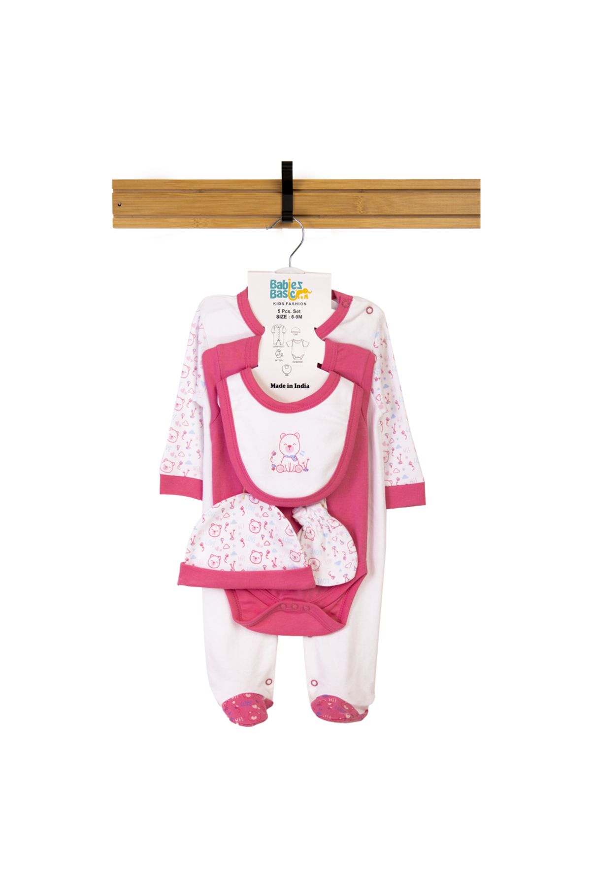 Babies Basic-5 piece New Born Set include Bib, Romper, Mittens, Cap, Sleepsuit- Teddy, Red 7