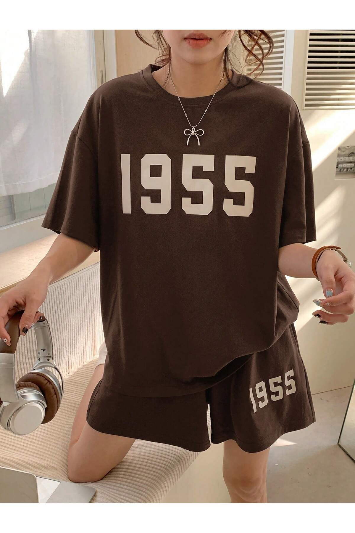 LOU MODA -Kadın PAMUKLU BASKILI 1955TSHIRT-ŞORT TAKIMI 2Lİ OVERSİZE BÜYÜK BEDEN