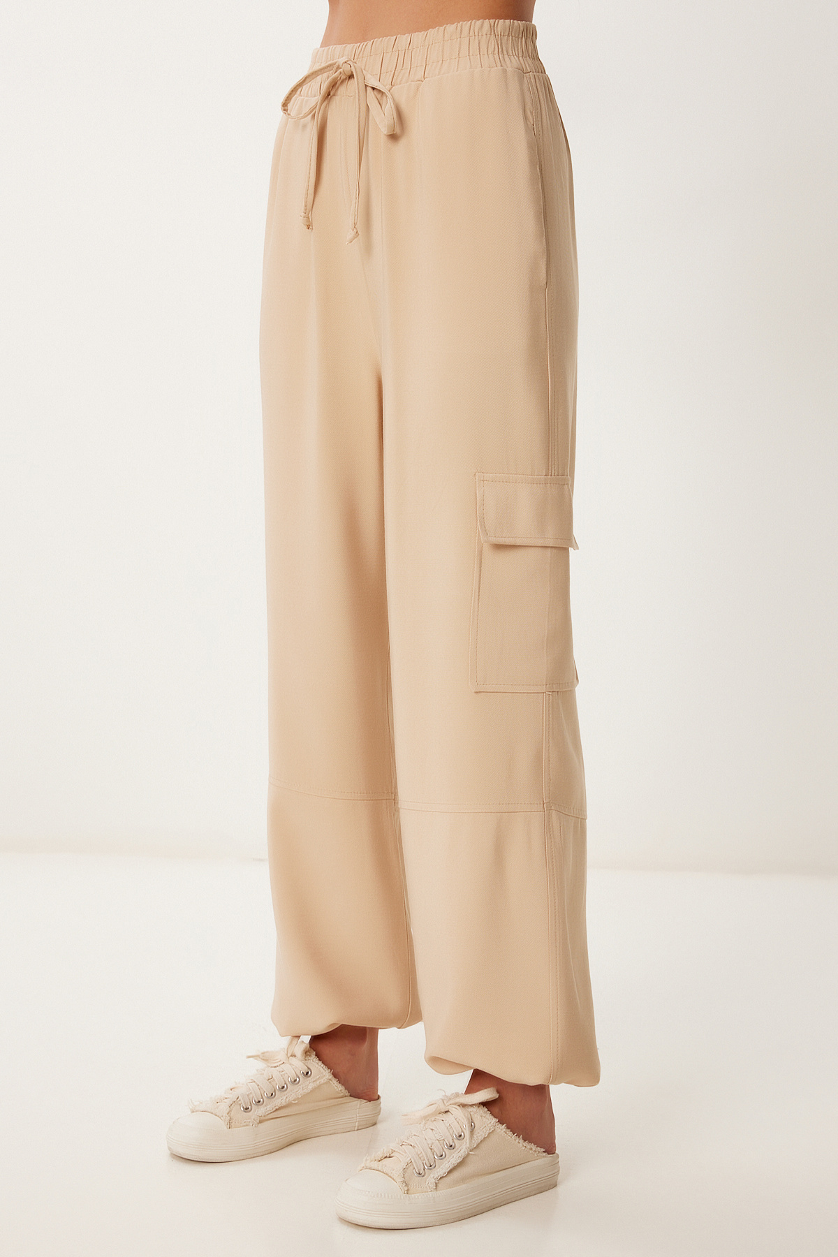 Happiness İstanbul  Kadın Bisküvi Cepli Keten Kargo Pantolon MX00212 - Görsel 5