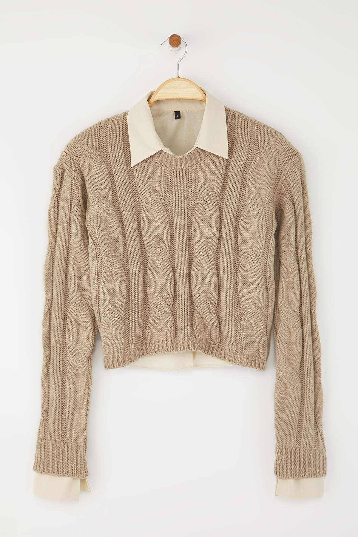 Trendyolmilla  Teen Vizon Gömlek Garnili Detaylı Crop Triko Kazak TWOAW26KZ00047 - Görsel 5