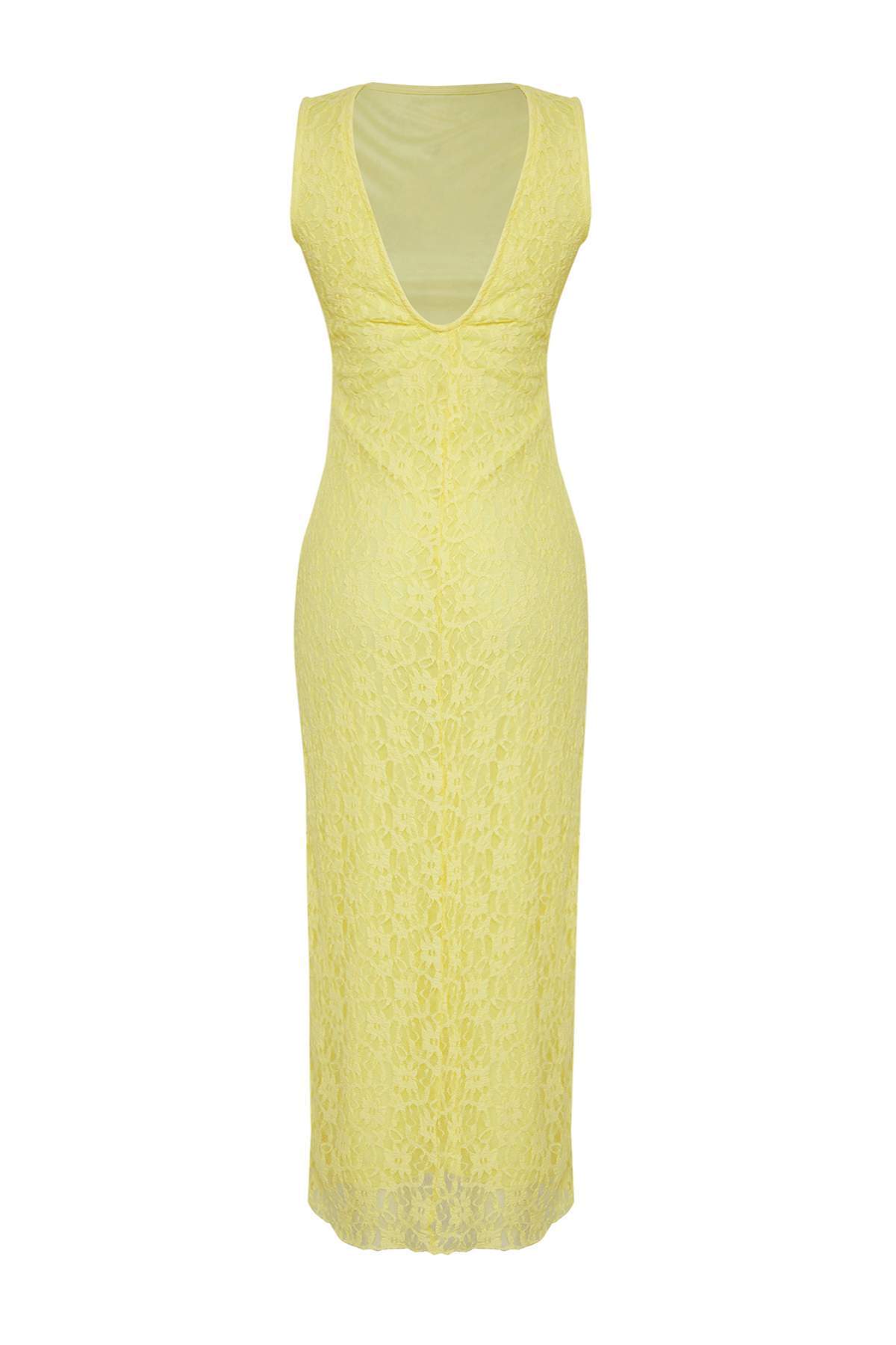 Trendyolmilla  Açık Sarı Dantel Bodycon Sırt Dekolteli Esnek Örme Elbise TWOSS25EL00485 - Görsel 7