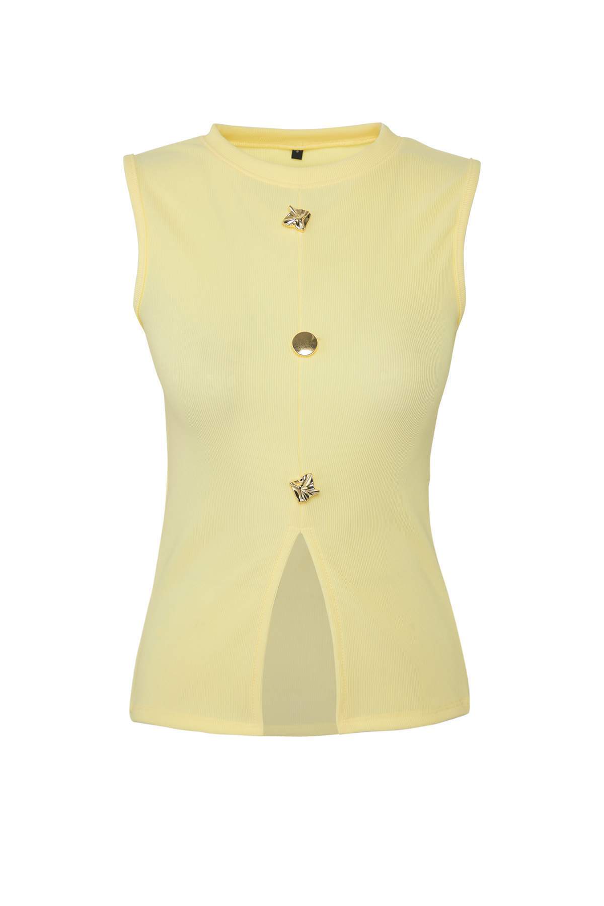 Trendyolmilla  Sarı Aksesuar Düğmeli Bisiklet Yaka Regular Boy Yelek Örme Bluz TWOSS25BZ00558 - Görsel 5