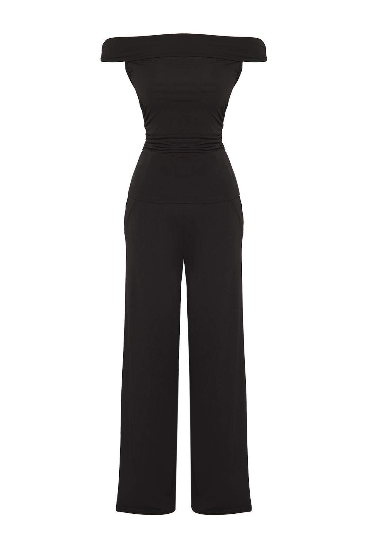 Trendyolmilla  Siyah Carmen Yaka Esnek Örme Bluz/Pantolon Alt-Üst Takım TWOSS24AU00035 - Görsel 5