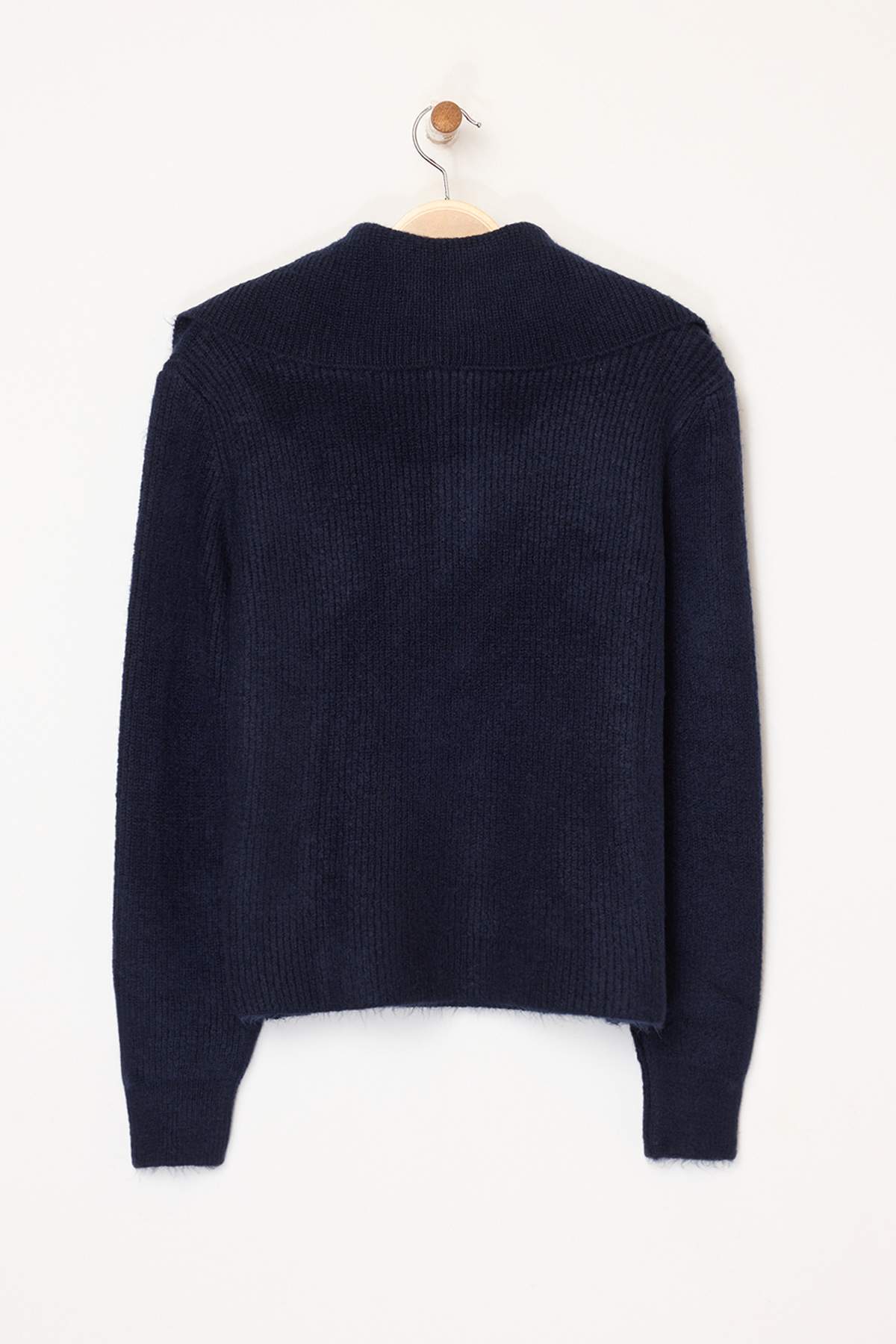 Trendyolmilla  Lacivert Yünlü Geniş Kalıp Polo Yaka Fermuarlı Triko Kazak TWOAW25KZ00011 - Görsel 8