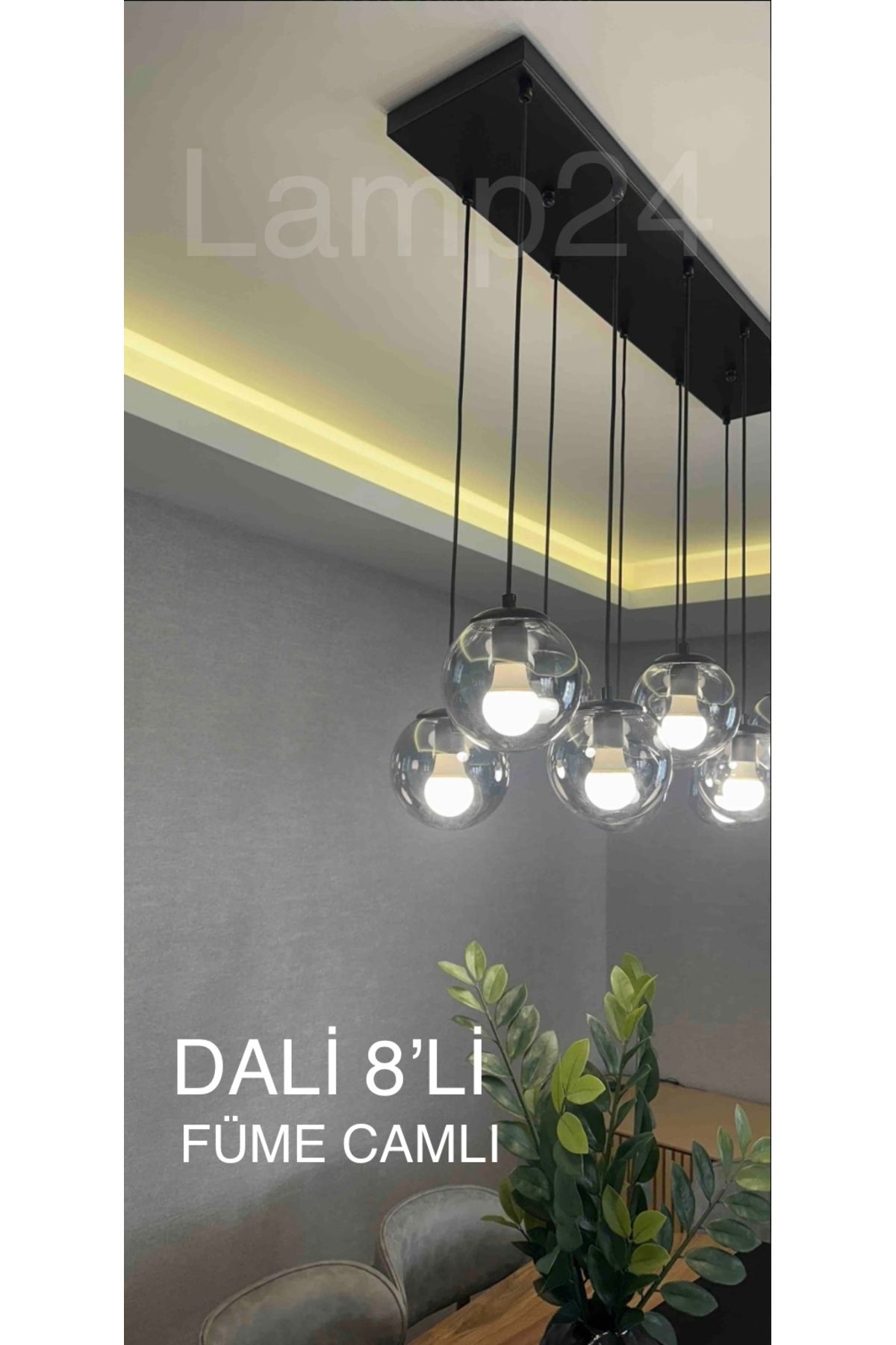 Lamp24 DALİ 8’Lİ FÜME GLOP CAMLI YEMEK MASASI AVİZESİ