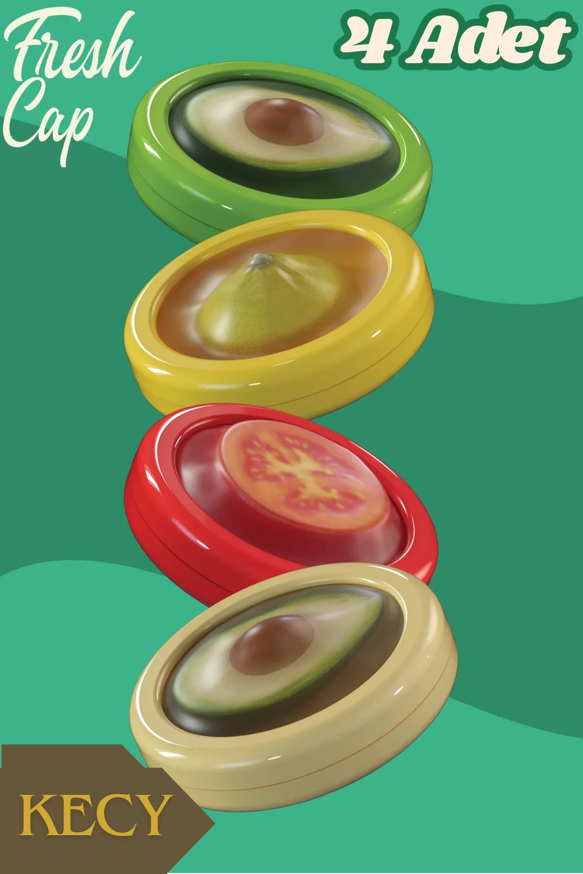 KECY FreshCap 4'lü Saklama Kabı Yarım Meyve Sebze Soğan Limon Domates Saklama Kabı Esnek Vakumlu Silikon