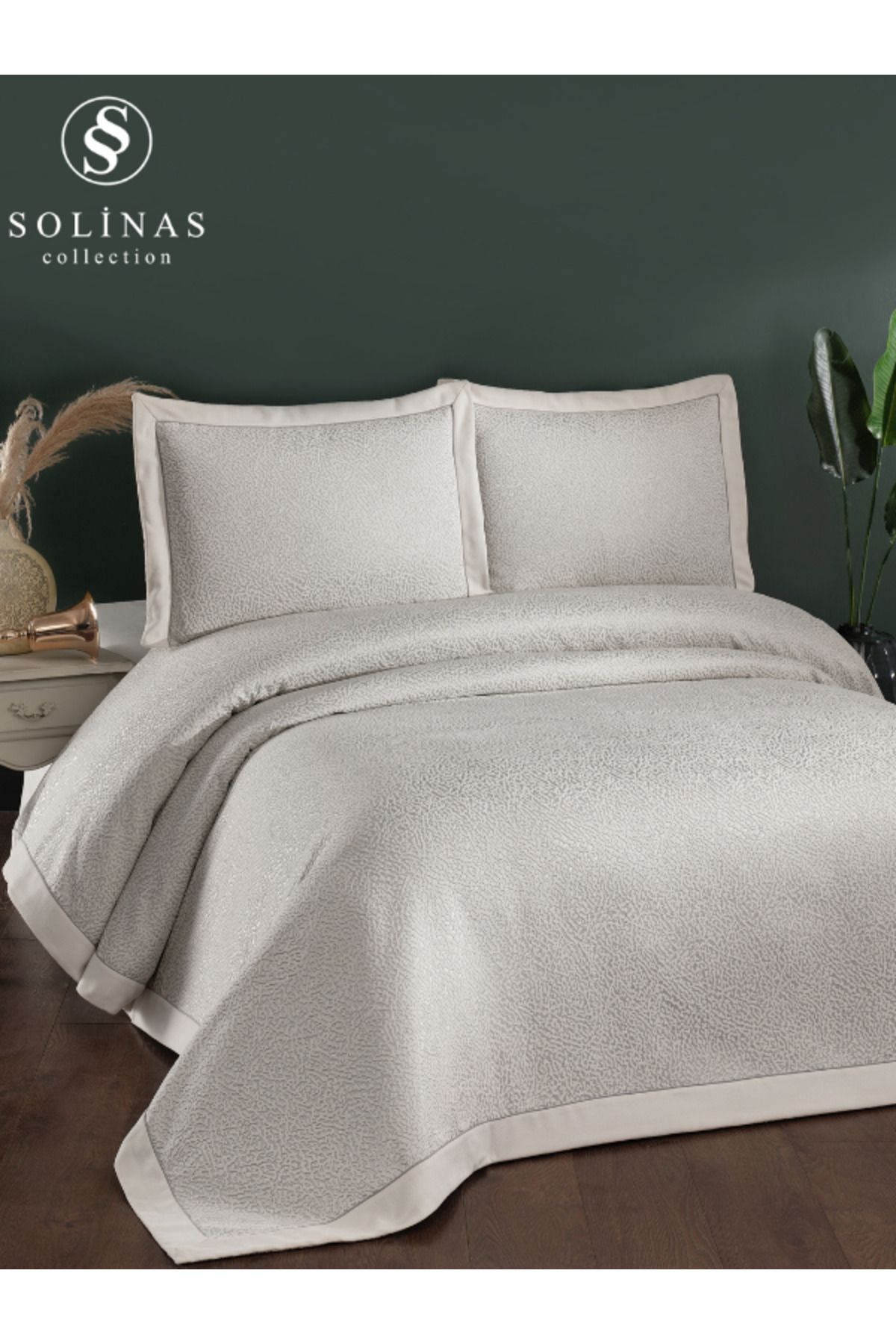 Solinas Collection Bellamira Krem – Gri Kenarı Biyeli Çift Kişilik Yatak Örtüsü