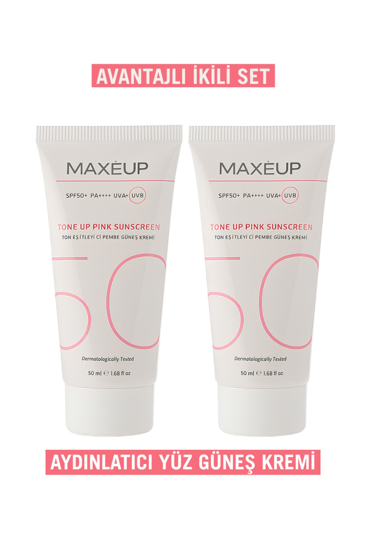 Maxeup Pink Sunscreen Güneş Koruyucu 50 Spf Renkli Yüz Güneş Kremi Set 50 Mlx2