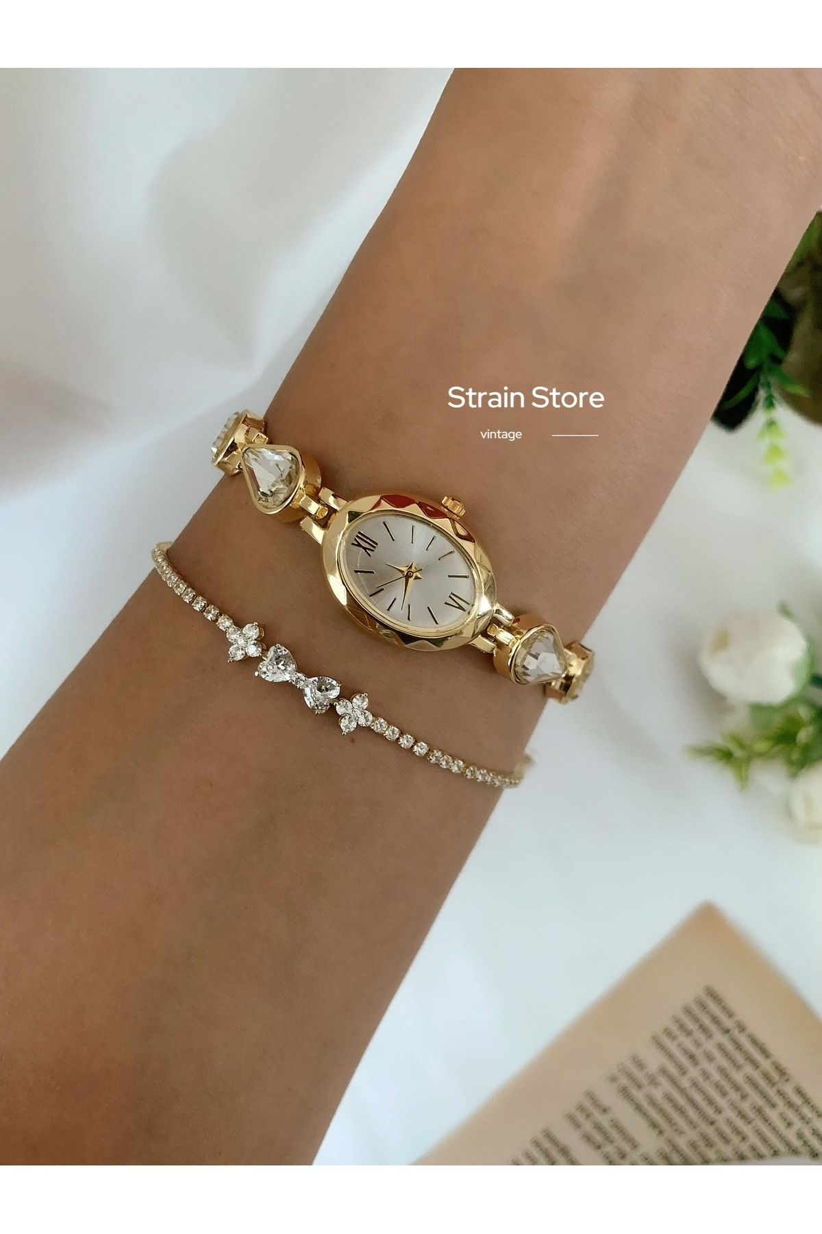 chaoyada Damla Beyaz Taş Kordon Vintage Saat Hediye Kutusunda