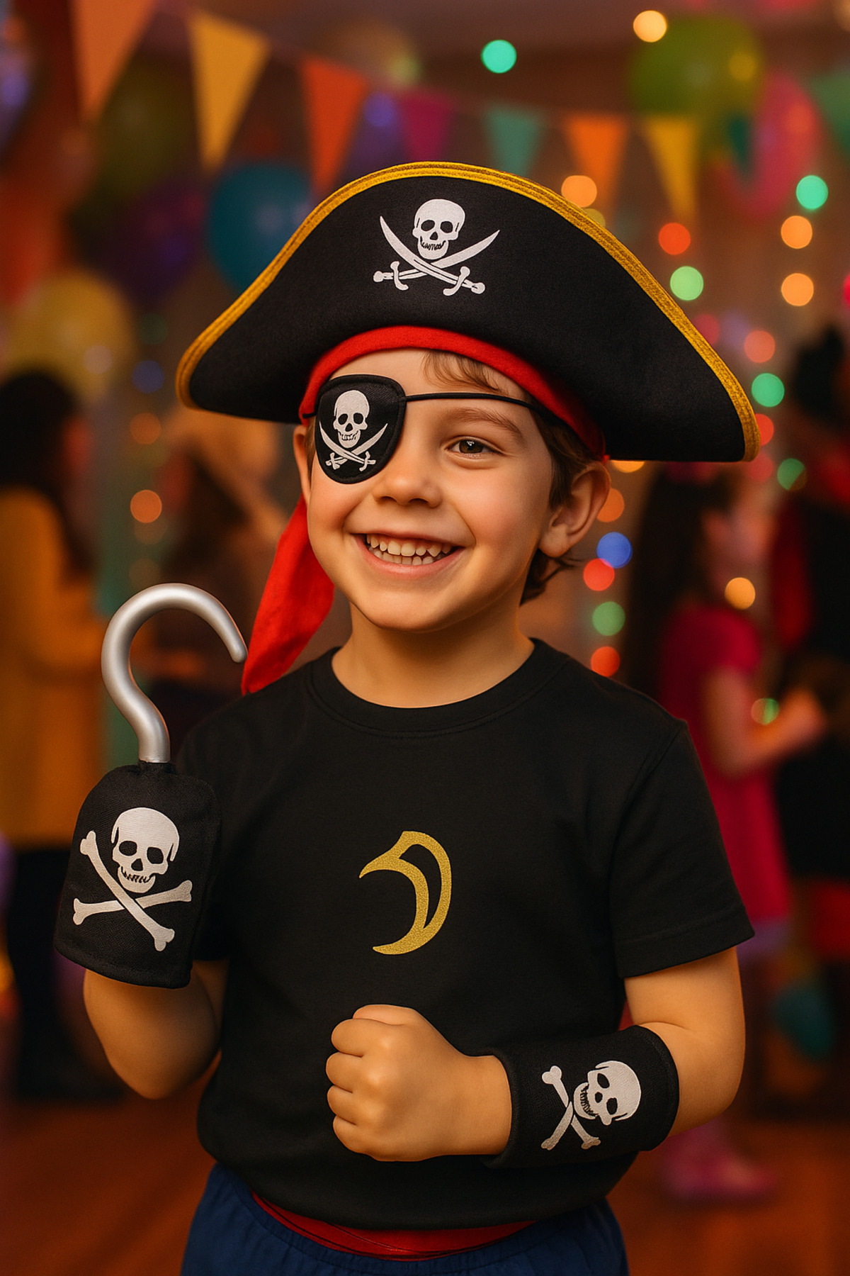 Kaptan Jack Sparrow Şapka - Kanca - Göz Maskesi 3 lü Çocuk Korsan Kostüm Seti