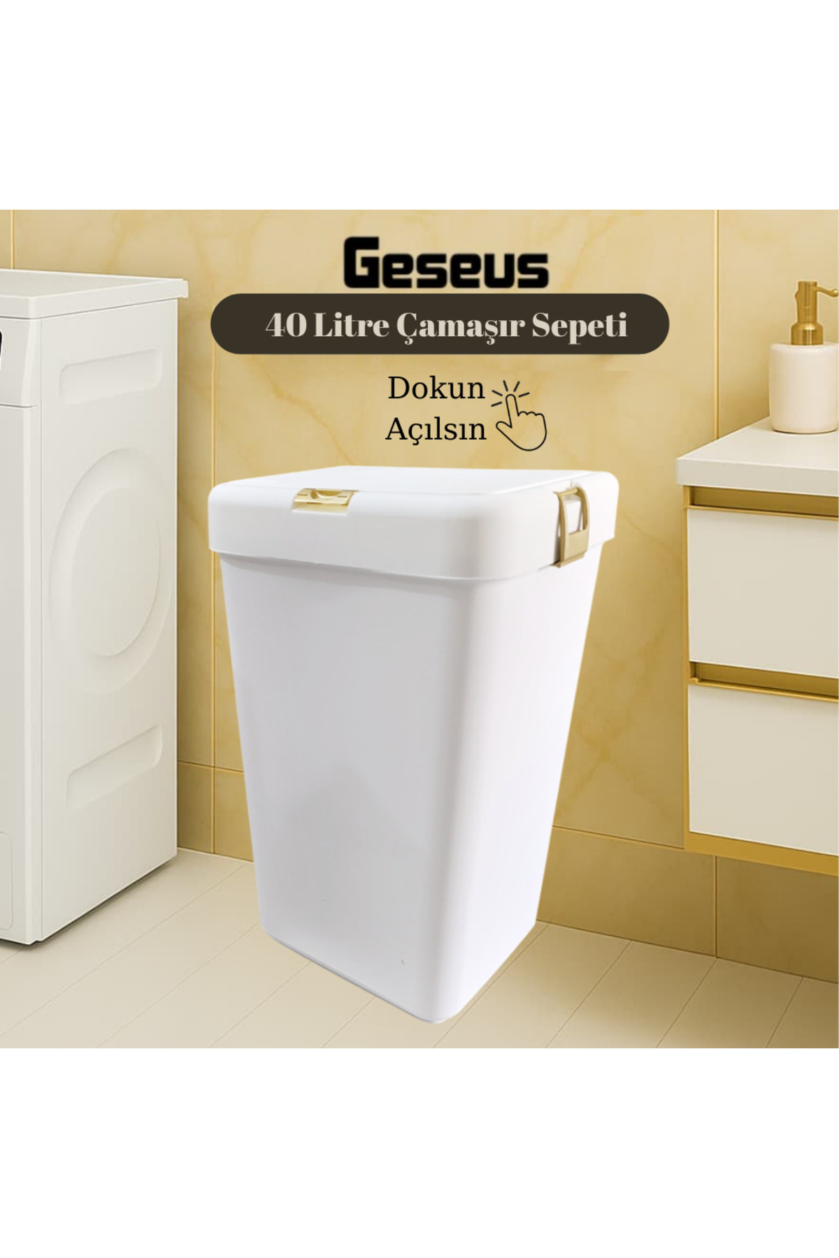 Geseus Gold Tekli Dokunmatik Çamaşır Sepeti Çöp Kovası Temizlik Kovası Kirli Sepet 40 Litre-MT008