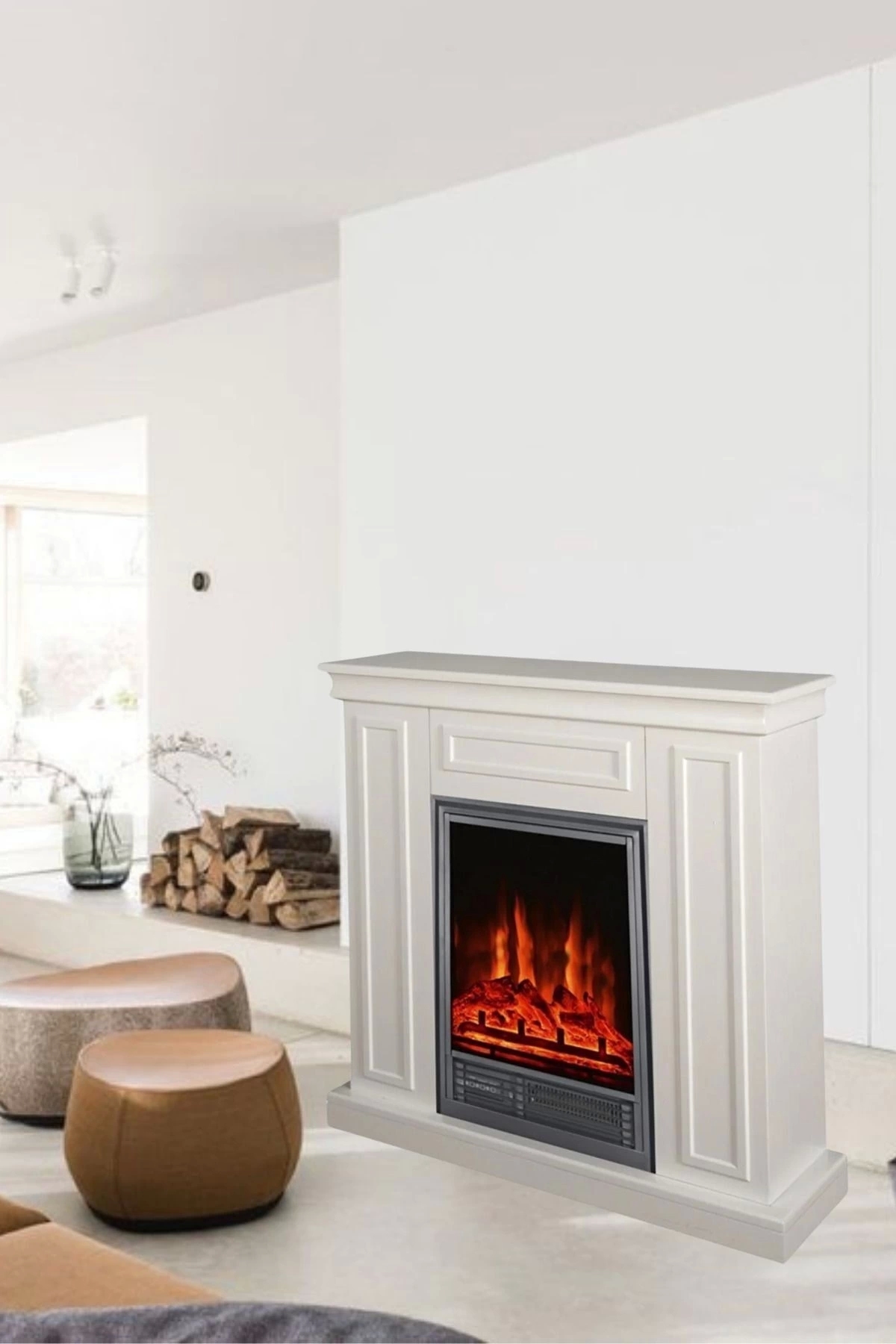 Decorative Electric Fireplace White Case, 90 Cm, 8 Colors, with bluetooth, Flame Sound Effect