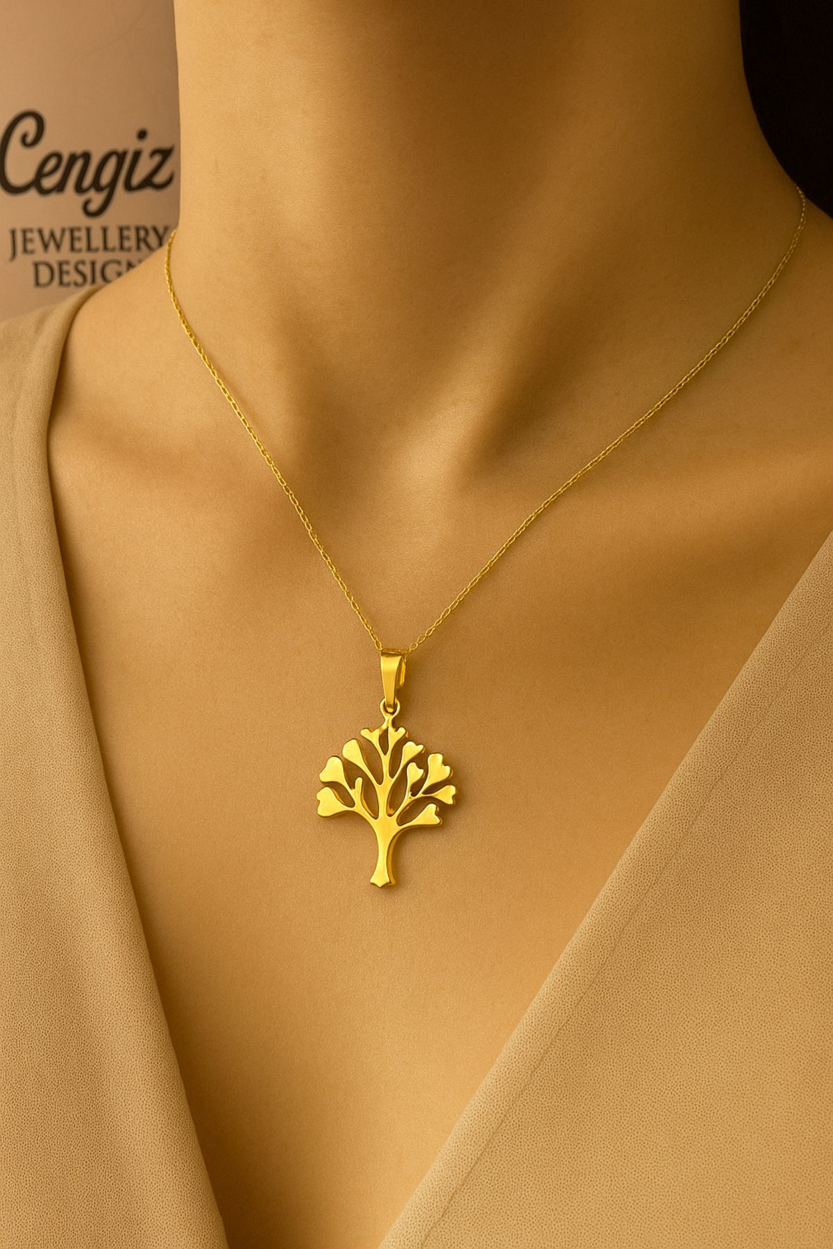 cengizjewellery 14 Ayar Altın Kalpli Ağaç Kolye Ucu