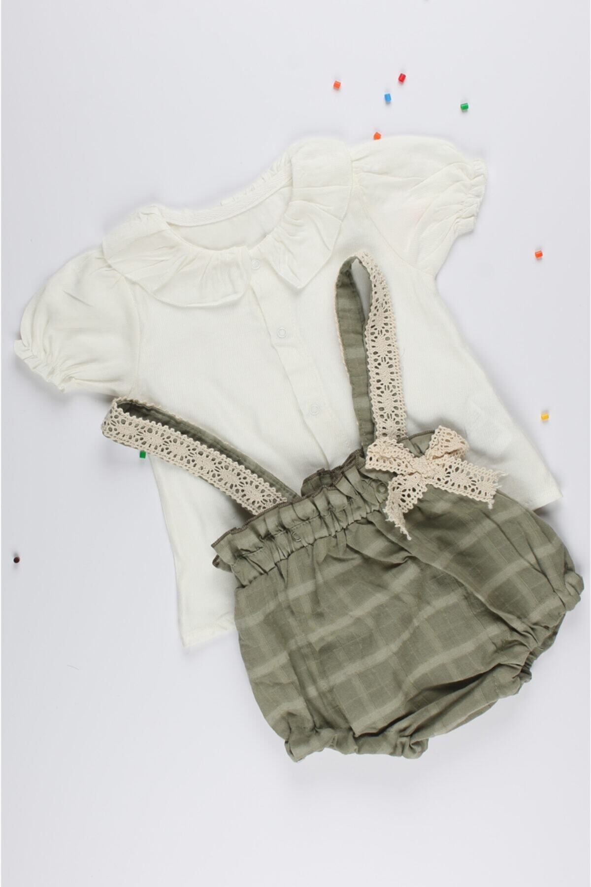 Melekpare Kız Bebek Takımı Askılı Jile Tulum ve Gömlek Set Açık Yeşil 2 Li fotoğrafı 3 (önizleme)