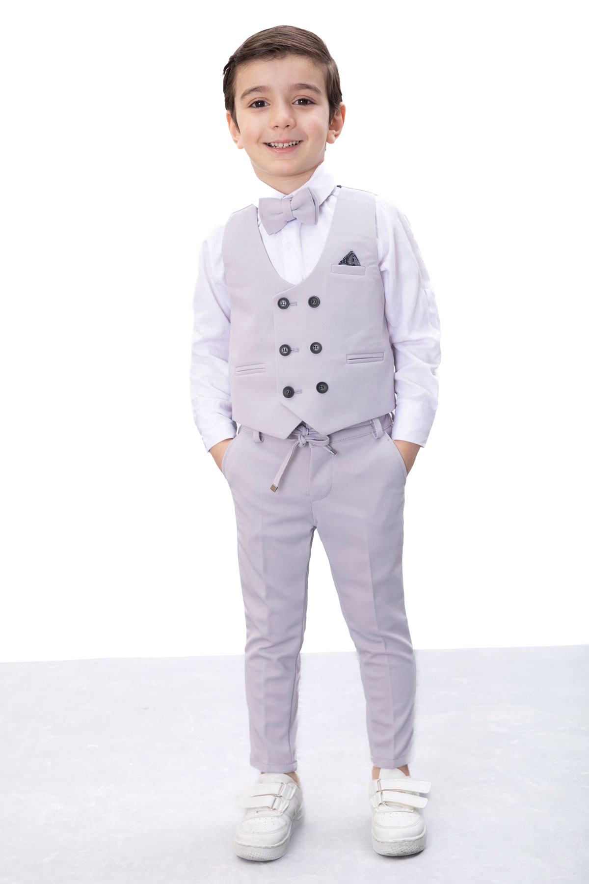 Gray Buttoned Vest Bow Tie Shirt Boy 4pcs Suit 20544