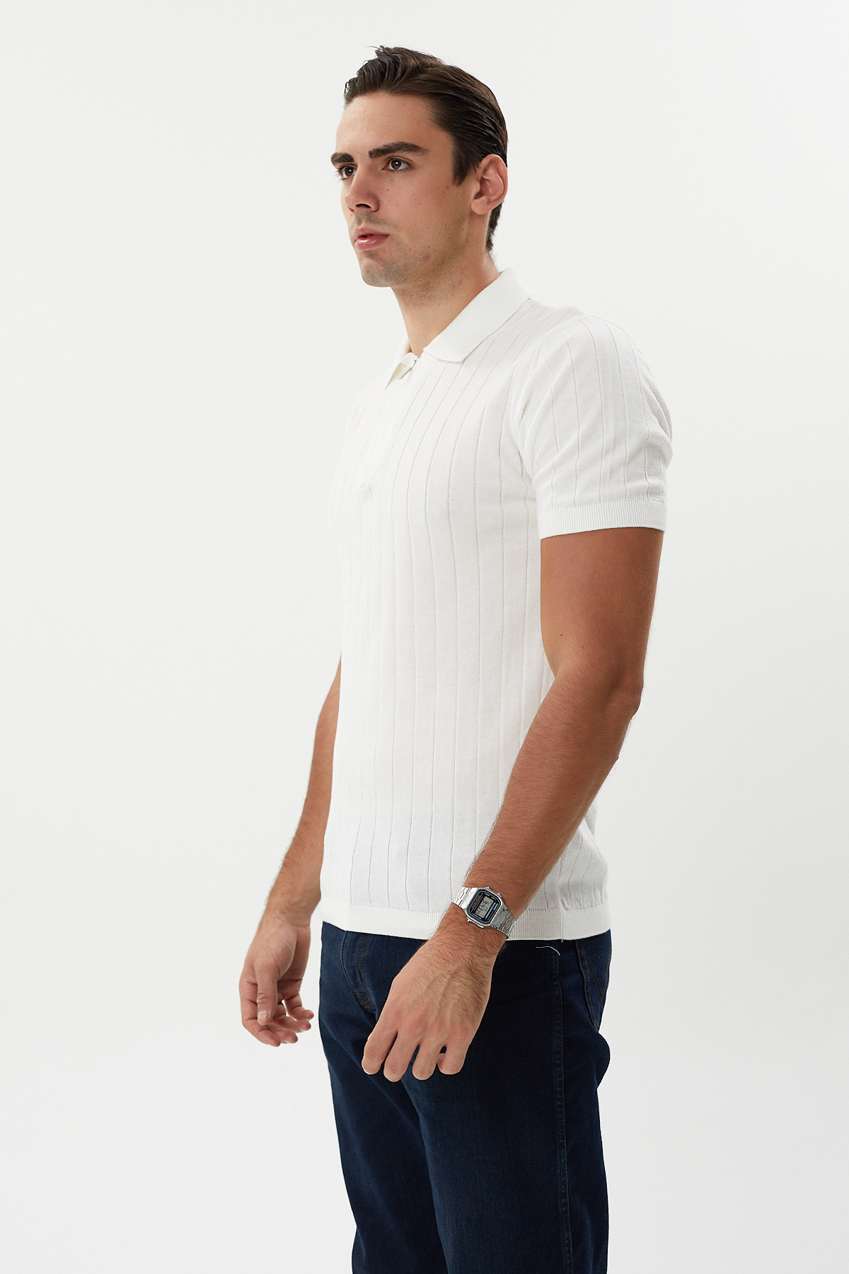 hateko-White 100% Cotton Half Zip Polo Neck Men's Knitwear T-Shirt 3