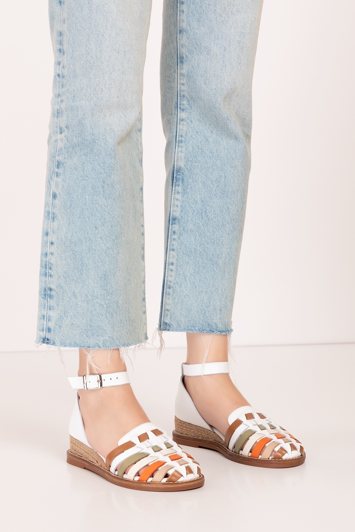 Gondol-Women's Genuine Leather Hand Knitted Special Straw Wrapped Sandals Ell.7249 White Combination 5