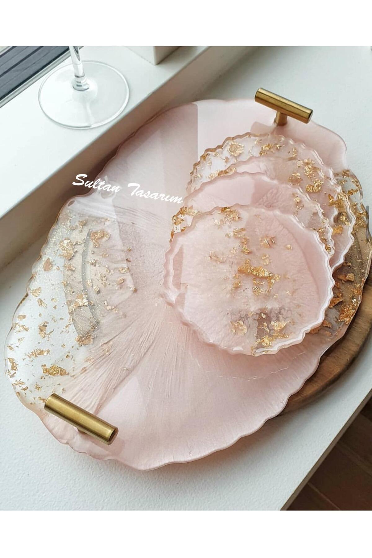 Sultan Tasarım-Gold Leaf Rectangular Wavy Patterned Promise Engagement Groom Presentation Epoxy Tray for Two 1