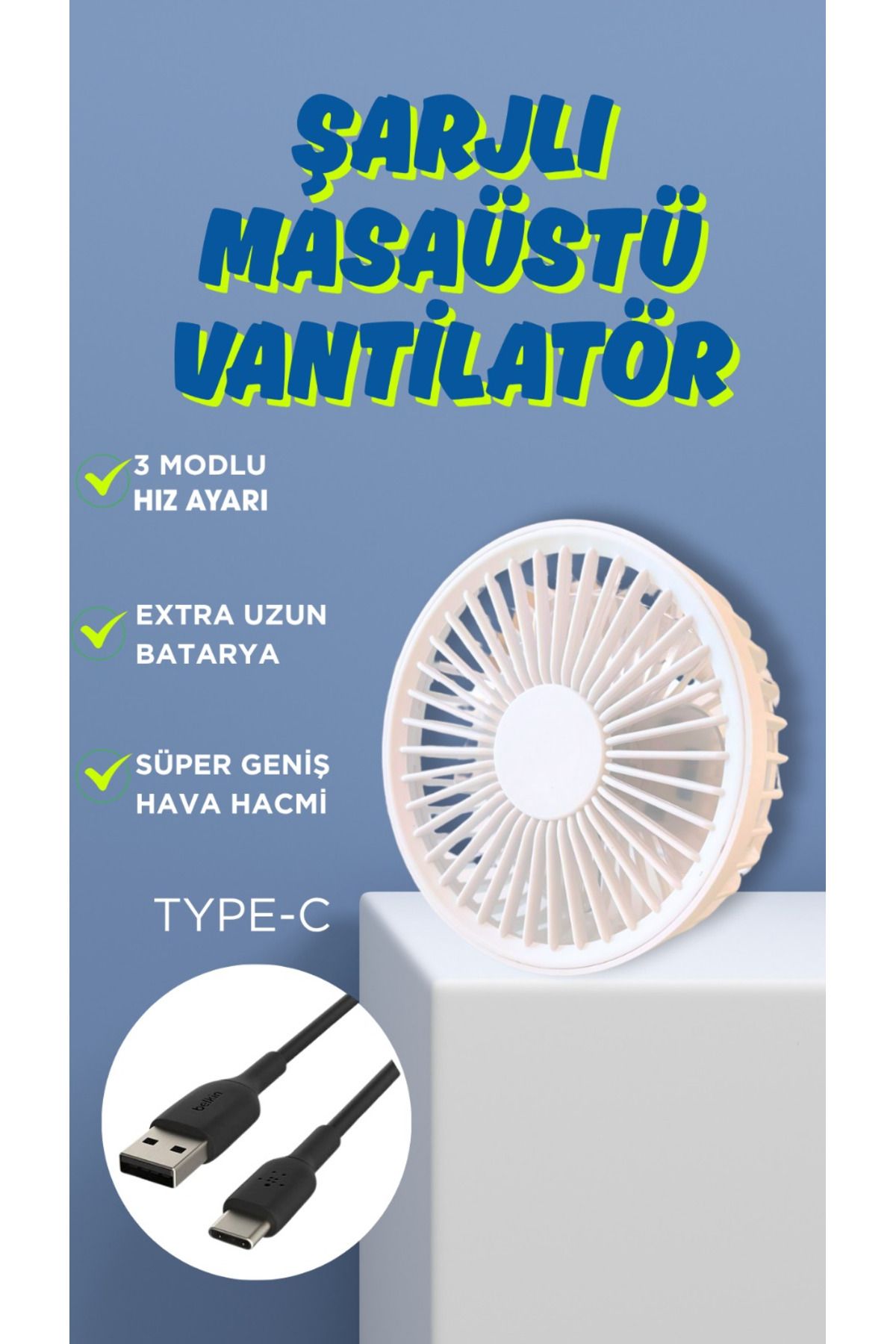ESTRON Beyaz Masaüstü 3 Kademeli Usb Girişli Serinletici Mini Vantilatör Fan
