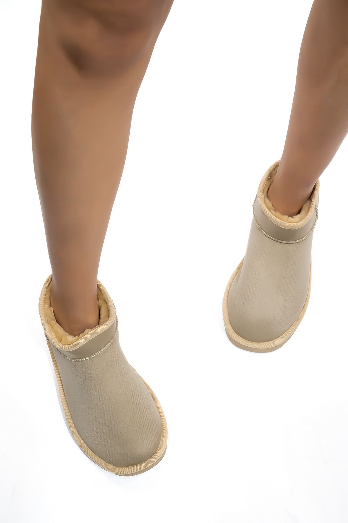 Cochines-Γυναικείες μπότες μπεζ σουέντ Ultra Mini Suede μπότες με γούνα στο εσωτερικό Χειμερινή σόλα Κοντό τακούνι 3