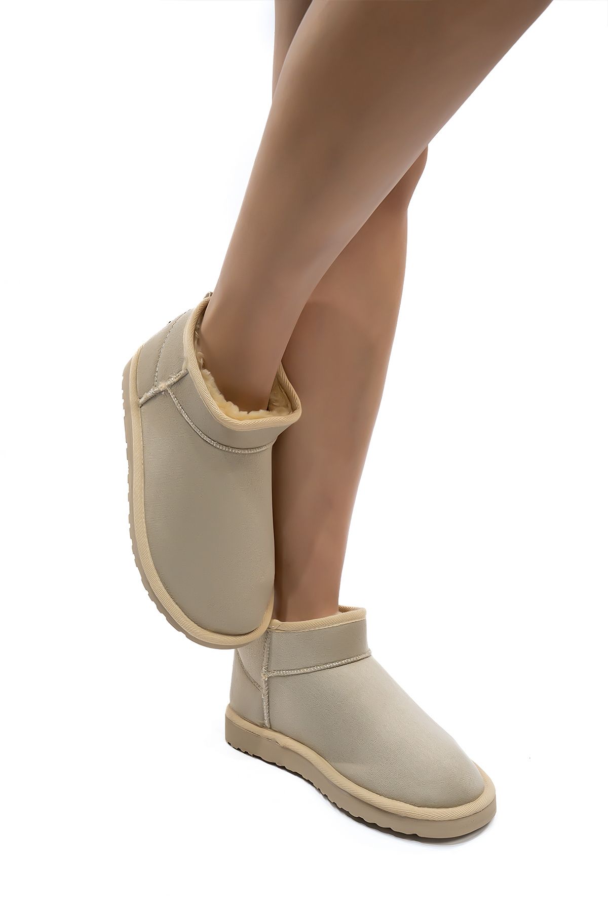 Cochines-Γυναικείες μπότες μπεζ σουέντ Ultra Mini Suede μπότες με γούνα στο εσωτερικό Χειμερινή σόλα Κοντό τακούνι 6