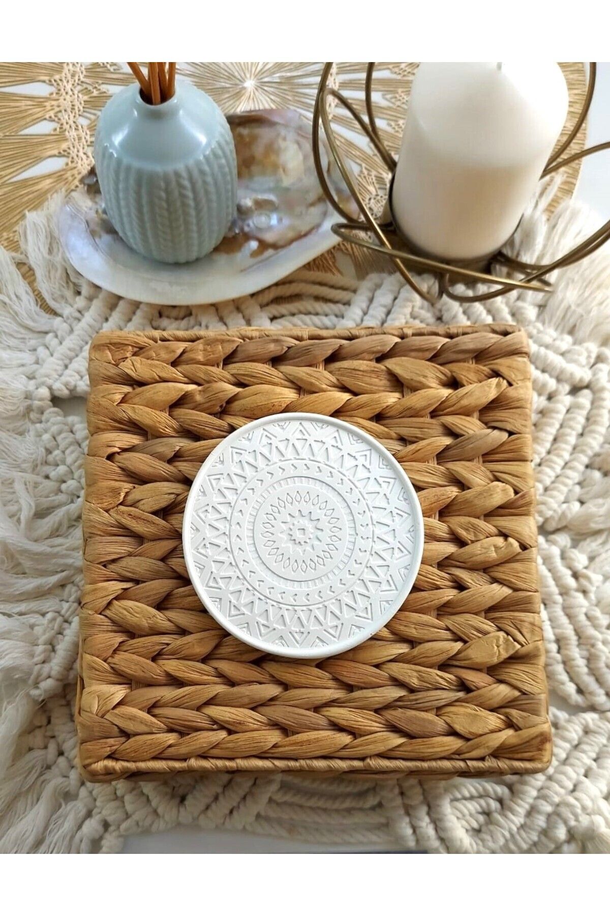 bscmod İskandinav Dekoratif Beton Bardak Altlığı, Mandala Bardak Altlığı, Mum, Pinterest Sunumluk