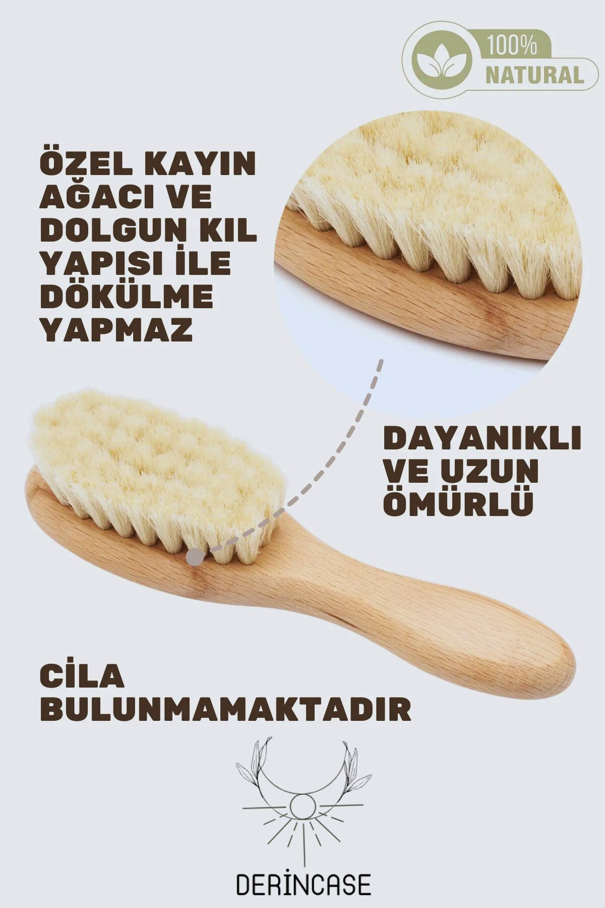 derincase %100 Keçi Kılı Bebek Saç Fırçası ve Bebek Şimşir Tarak 2'li Set + Bez Kese Hediyeli