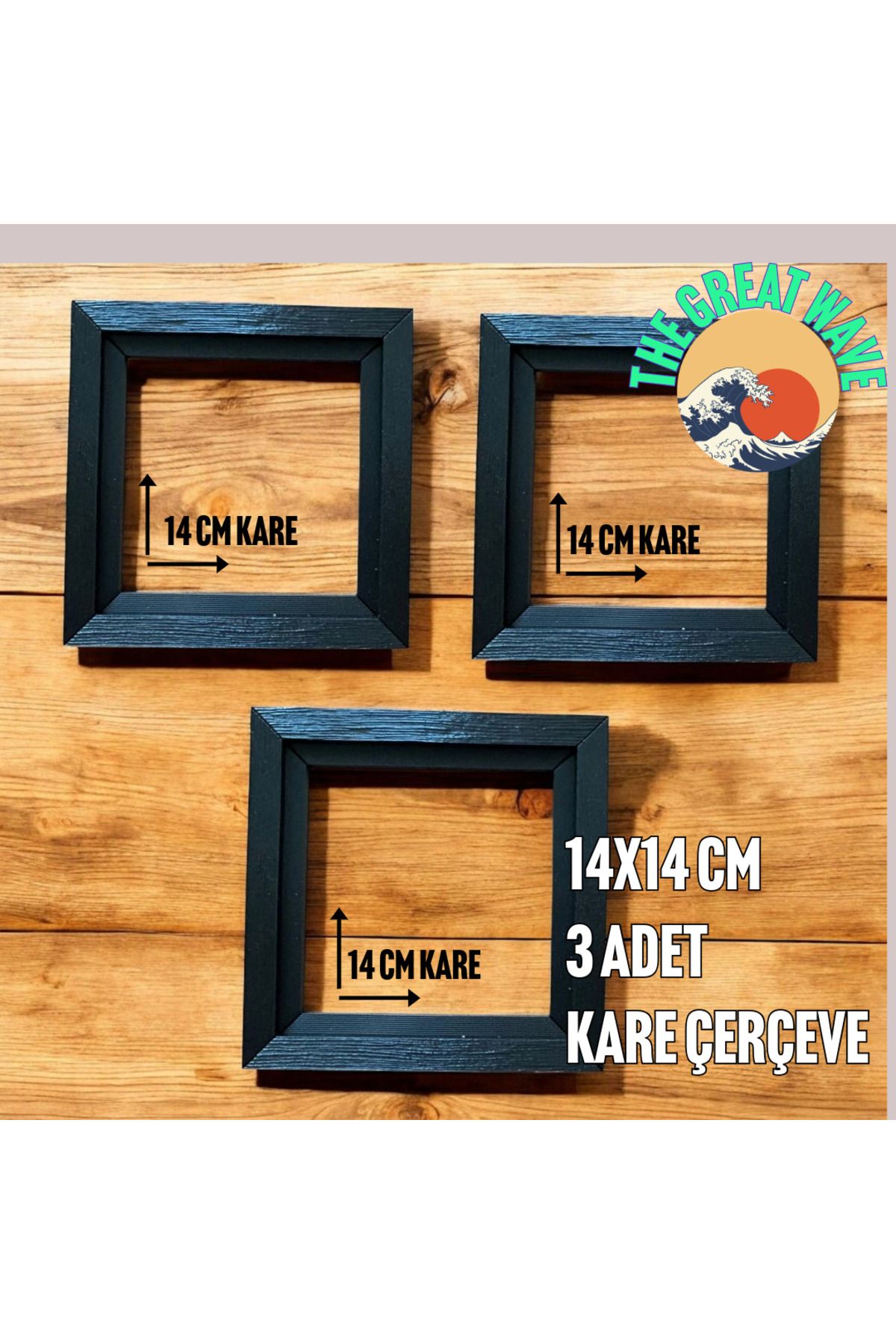The Great Wave 3'lü Ağaç Desenli Plastik Kare Çerçeve Seti (14x14 cm - Ahşap Dokulu, görünümlü - Kahve,Krem,Siyah)