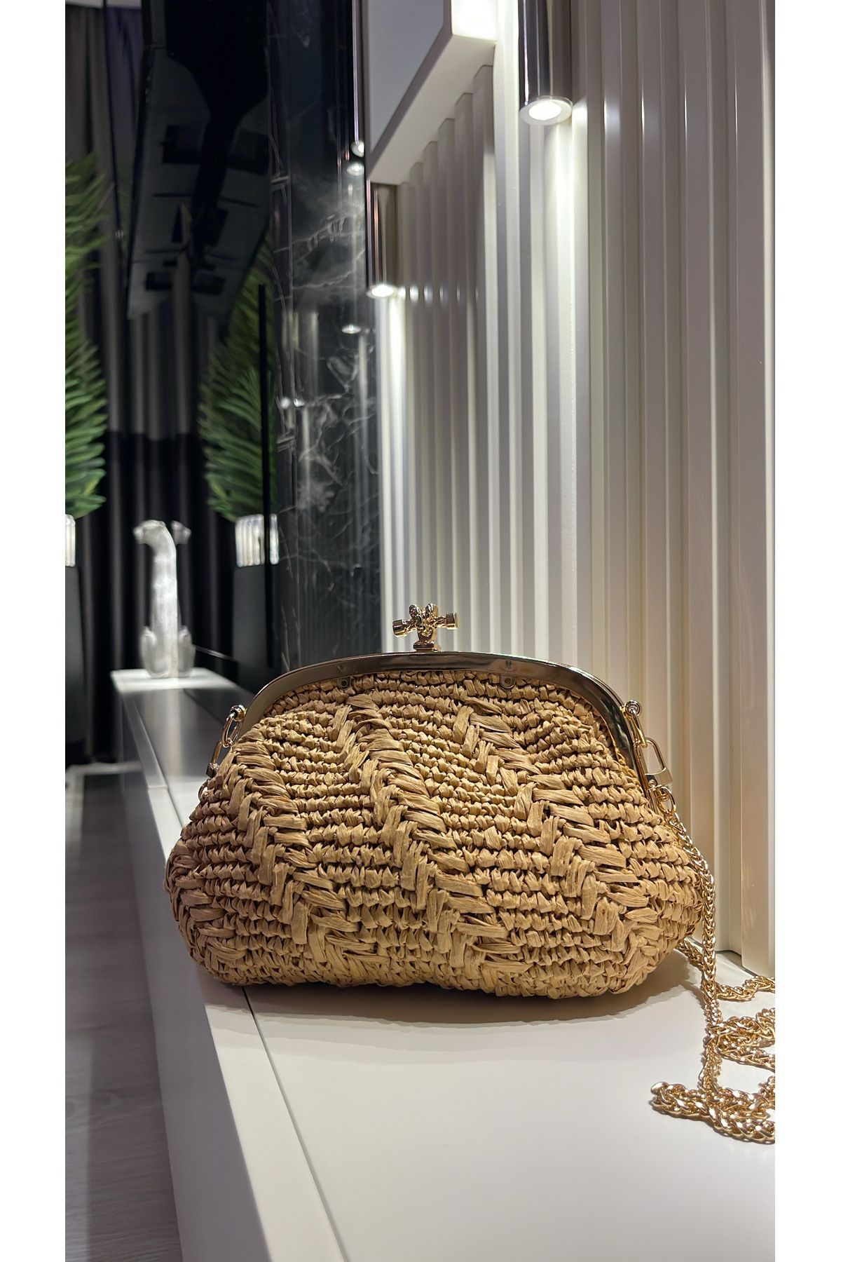 WOMANBAG HASIR CLUTCH GOLD KLİPSİLİ EL OMUZ ÇANTASI