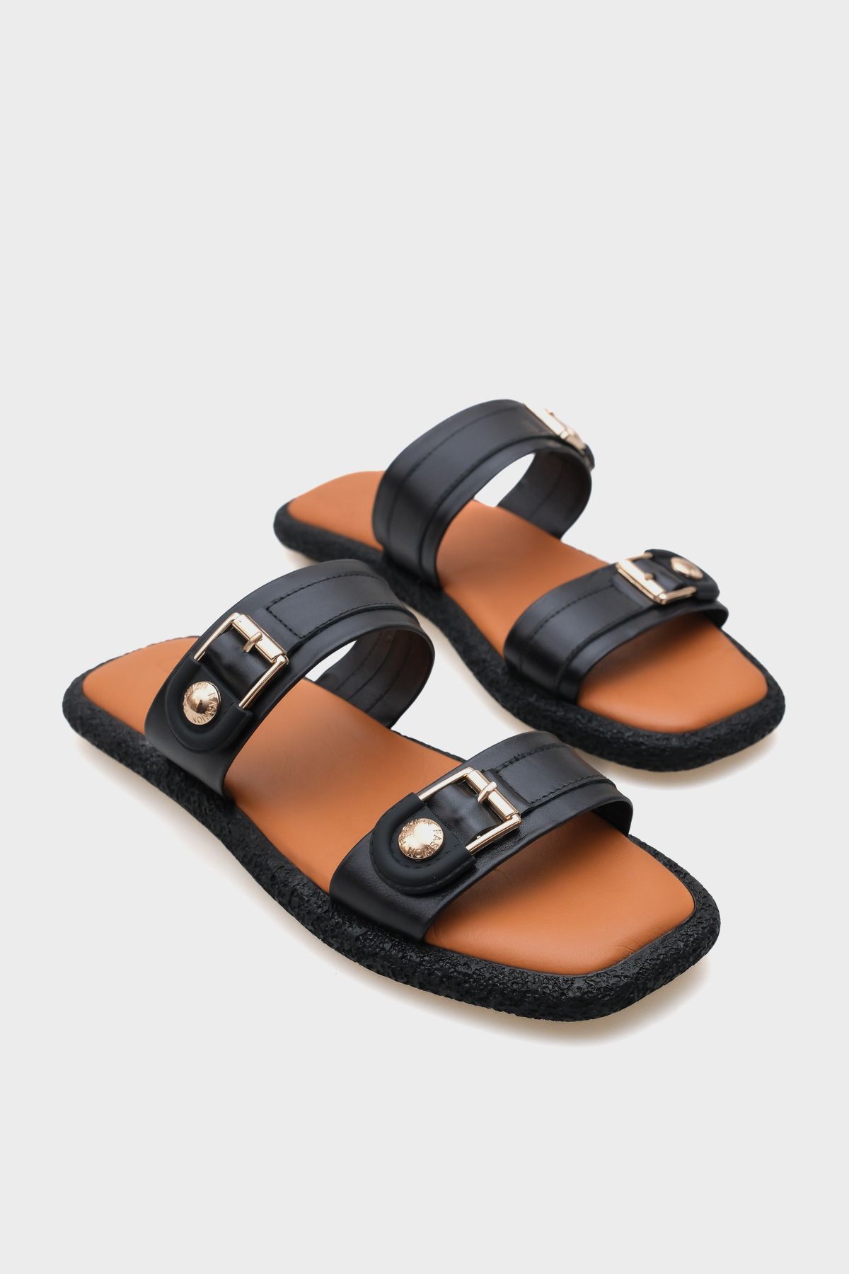 Capone Outfitters Enya Hakiki Deri Çift Tokalı Düz Topuklu Konfor Kadın Terlik
