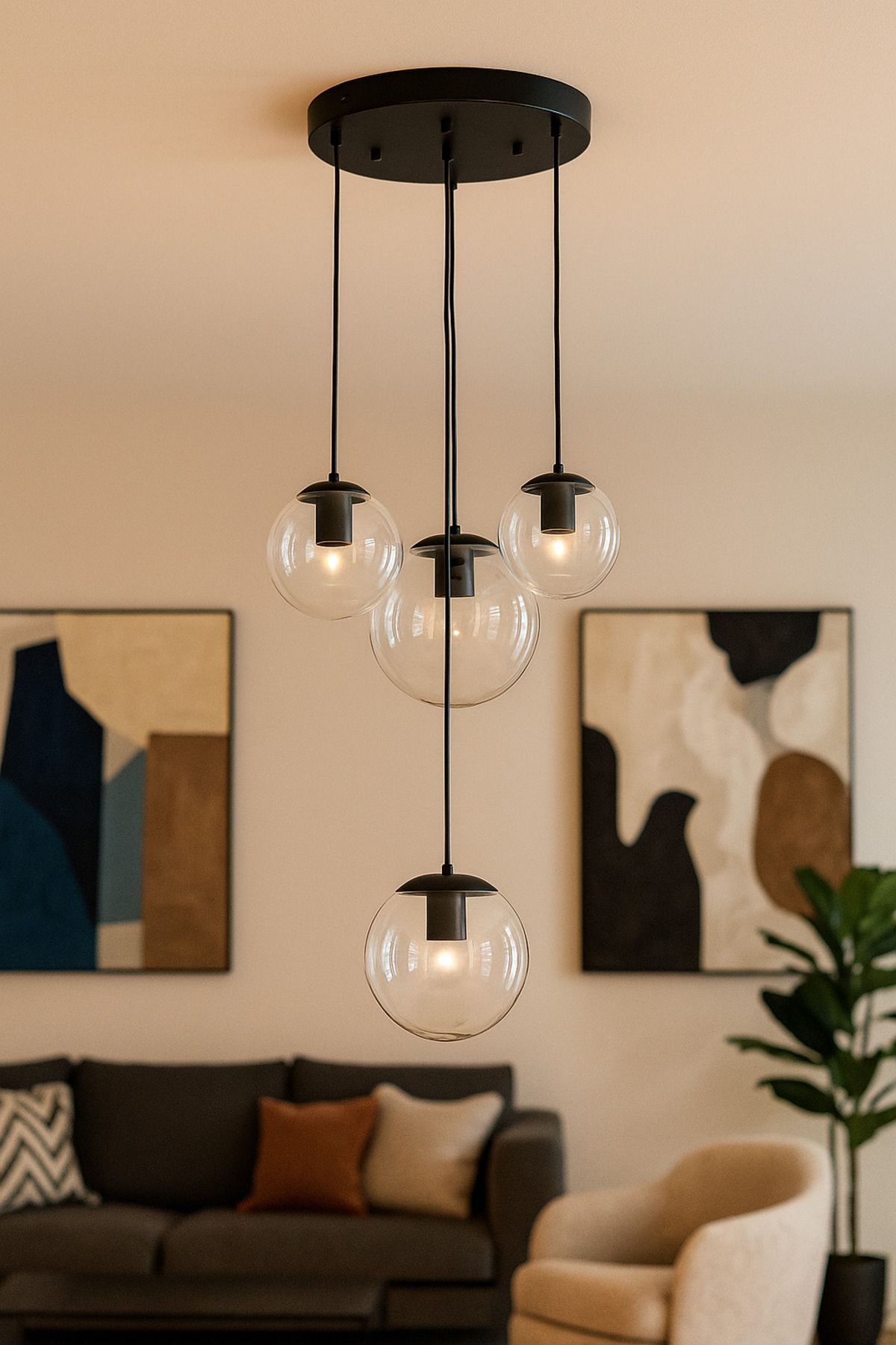 Avizemoda Pigaro 4 lü Şeffaf Camlı Salon Oturma Odası Modern Sarkıt Avize - (Siyah Kasa)