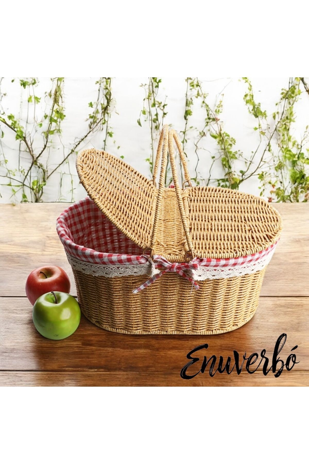 Genel Markalar Vernikli Sert Hasır - Rattan - Oval Piknik Sepeti 39cm krem renk