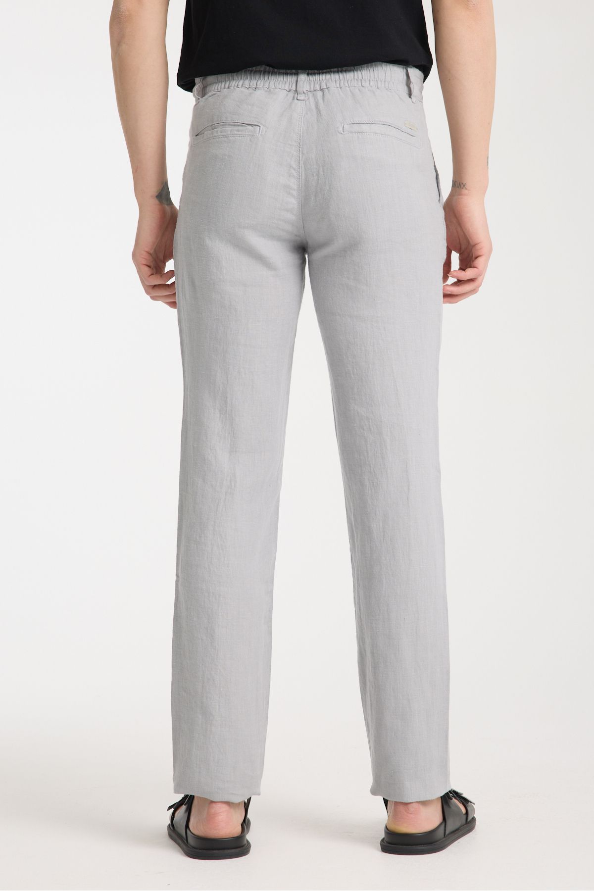muzzo jeans-Gray 100% Linen Trousers with Elastic Waist 4