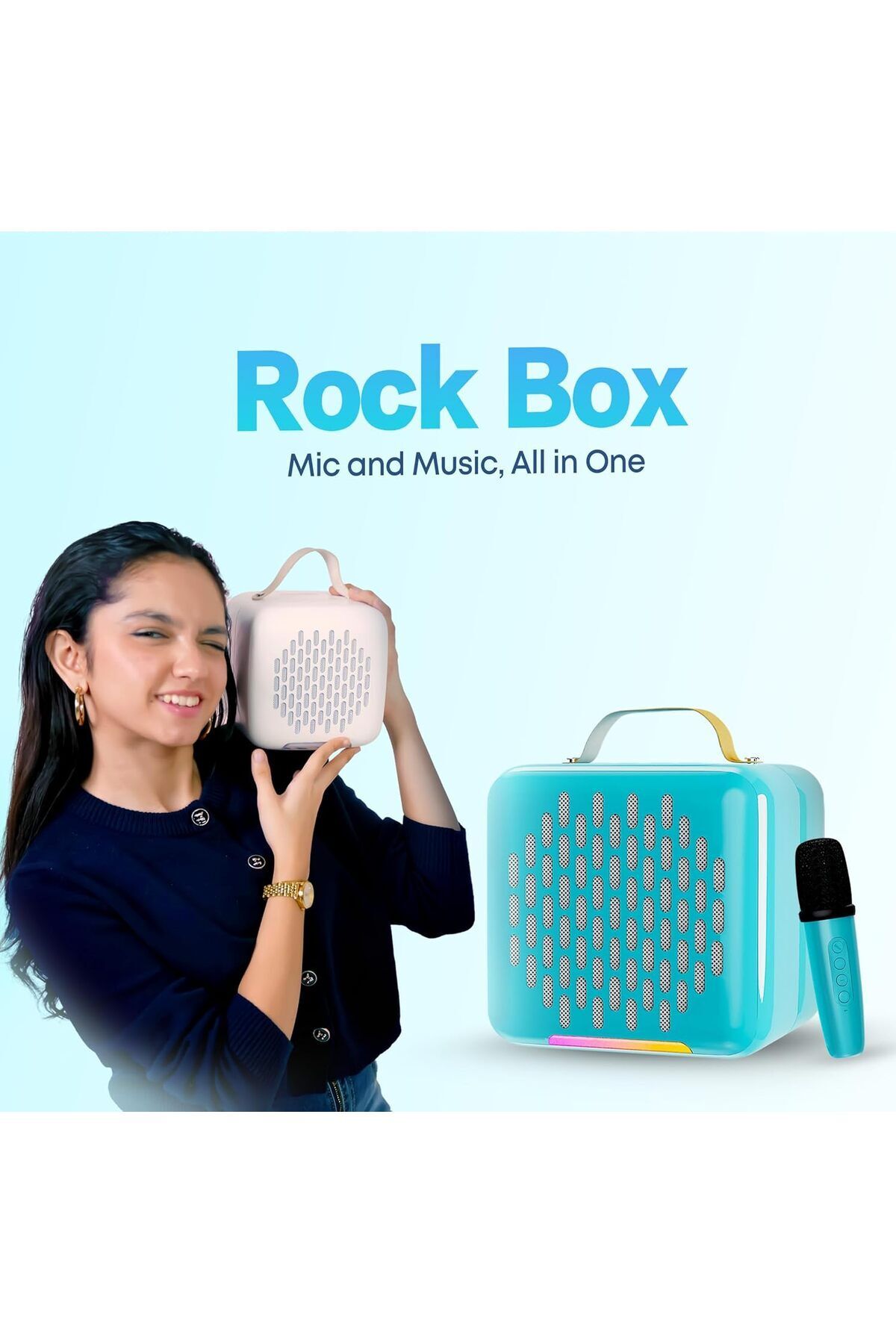 Faster-Rock Box Portable Bluetooth Speaker- Pocket Sized Mini Speaker with 1 Wireless Microphone- 5. 2