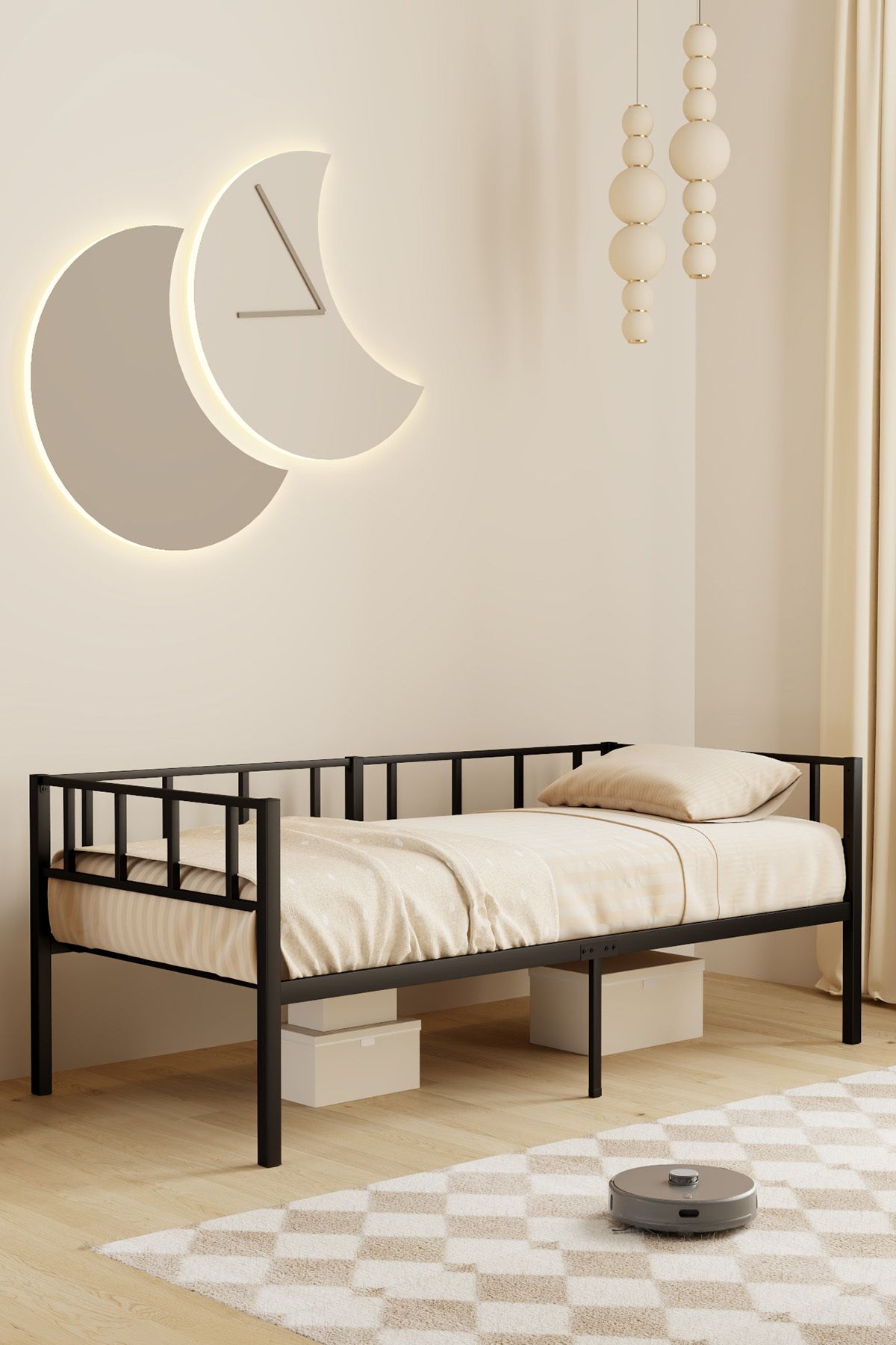 Mobpazar Zenit Metal Karyola Siyah, Korkuluklu Karyola, Daybed, Ölçü Seçenekli