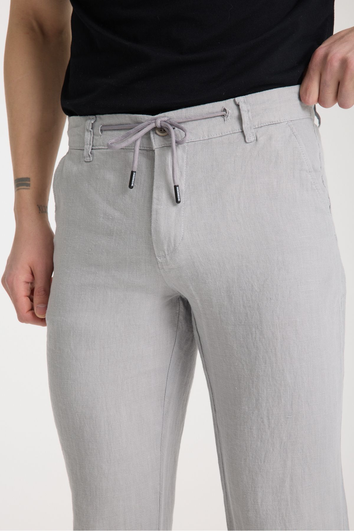 muzzo jeans-Gray 100% Linen Trousers with Elastic Waist 5