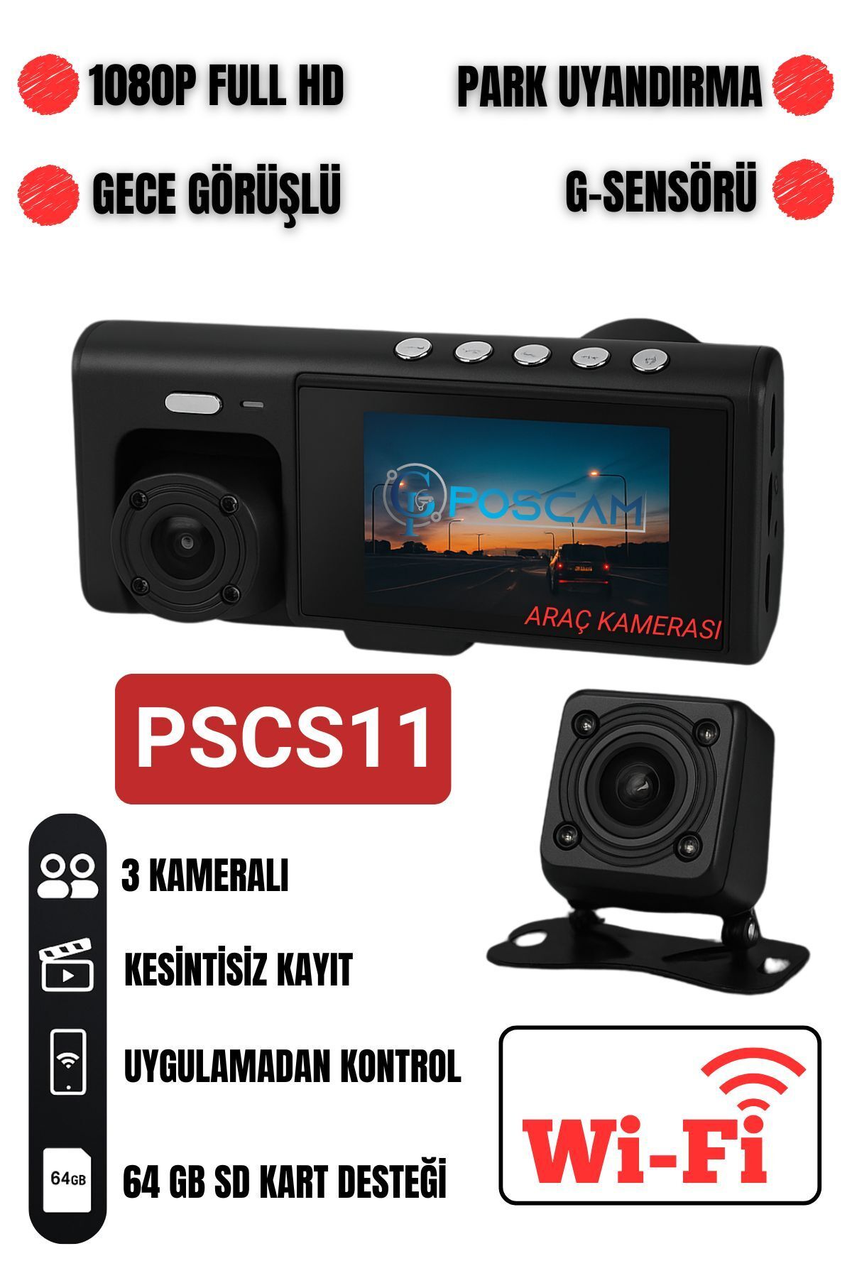 POSCAM SUPER HD ÜÇ KAMERALI GECE GÖRÜŞLÜ ARAÇ KAMERASI