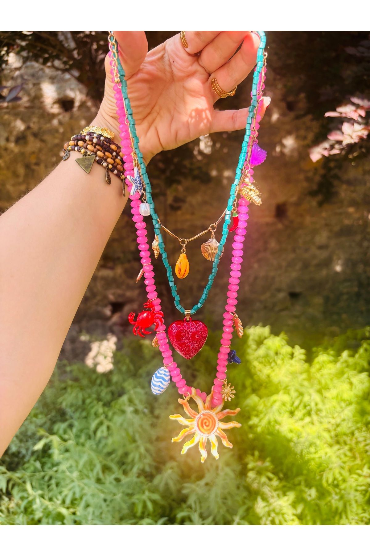 Markiz Takı Marka Pembe Boncuk Çoklu Charm Yüksek Kalite Kolye